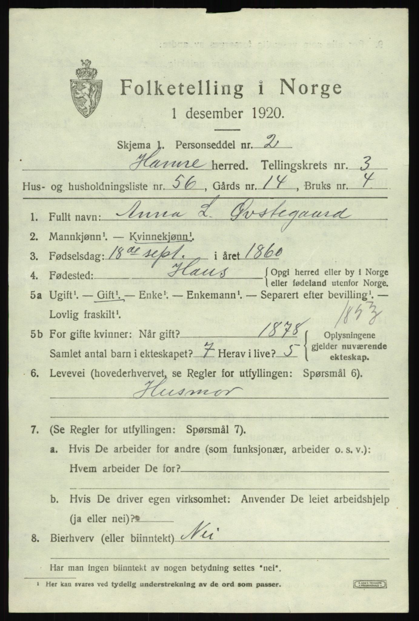 SAB, 1920 census for Hamre, 1920, p. 2335