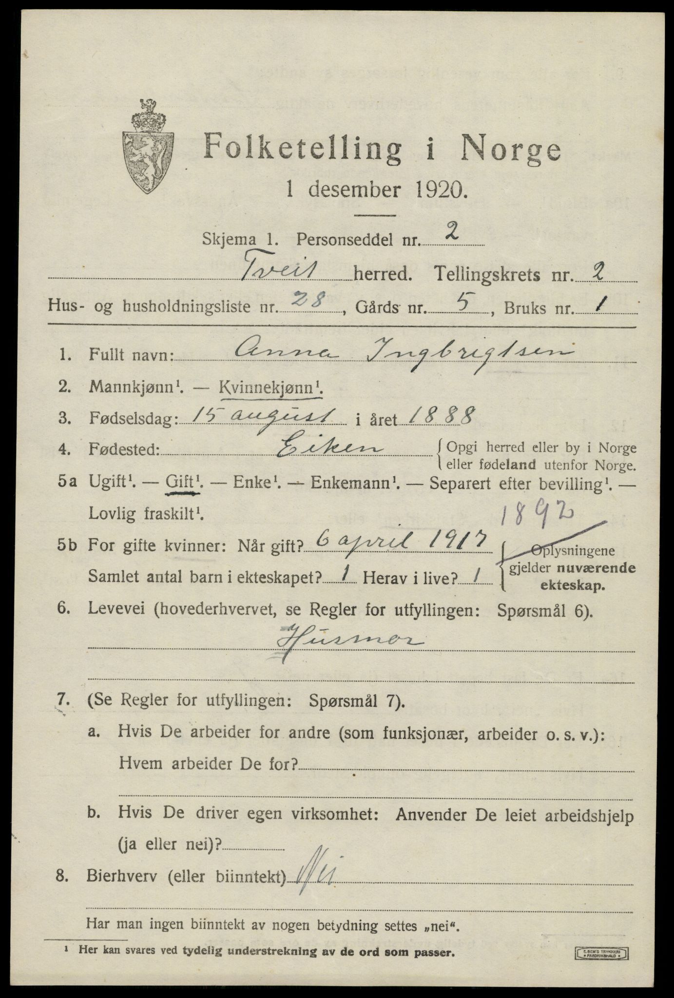 SAK, 1920 census for Tveit, 1920, p. 1464