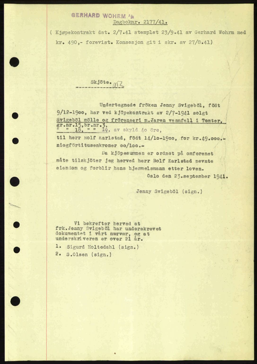 Moss sorenskriveri, SAO/A-10168: Mortgage book no. A9, 1941-1942, Diary no: : 2177/1941