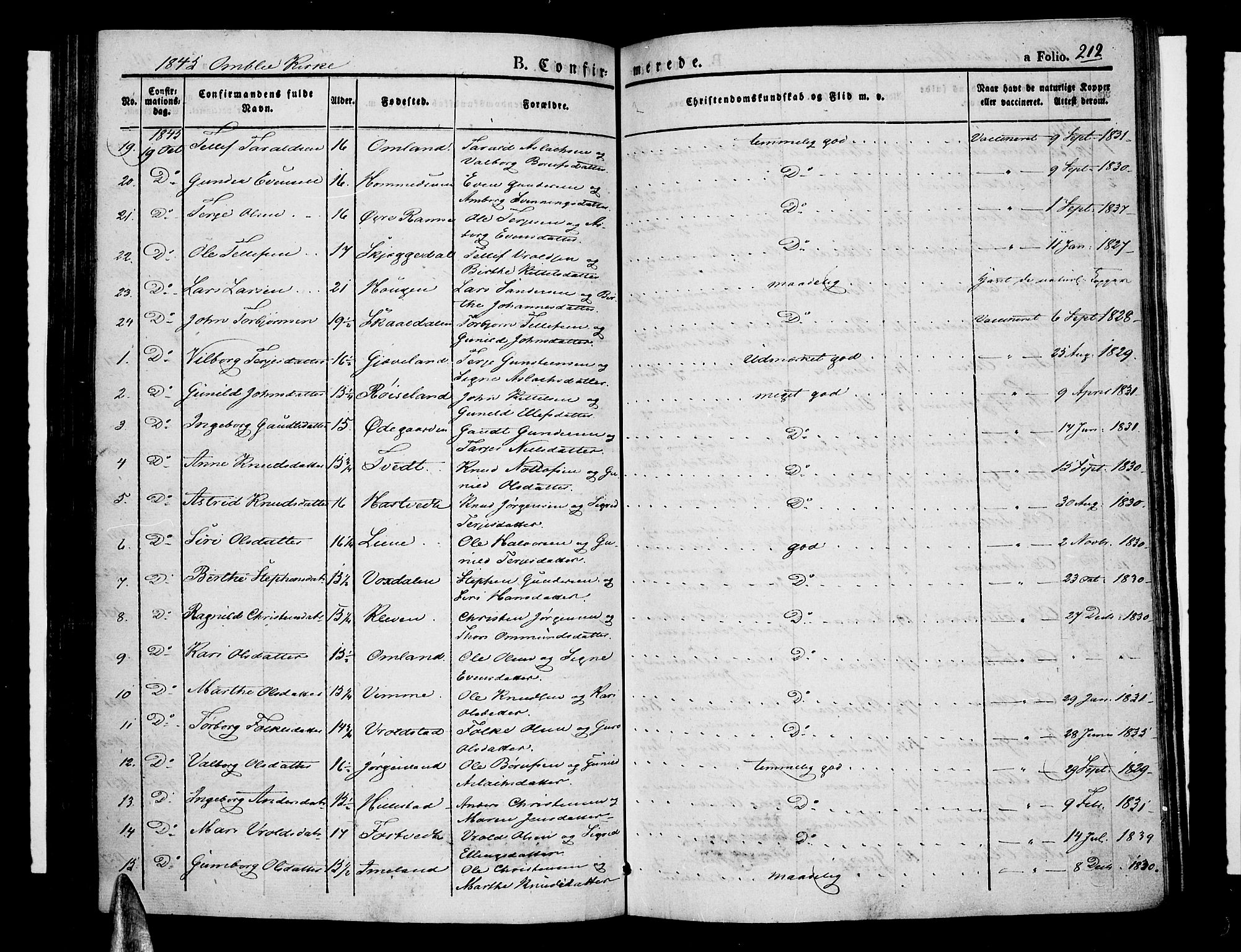 Åmli sokneprestkontor, AV/SAK-1111-0050/F/Fa/Fac/L0007: Parish register (official) no. A 7 /1, 1829-1851, p. 212