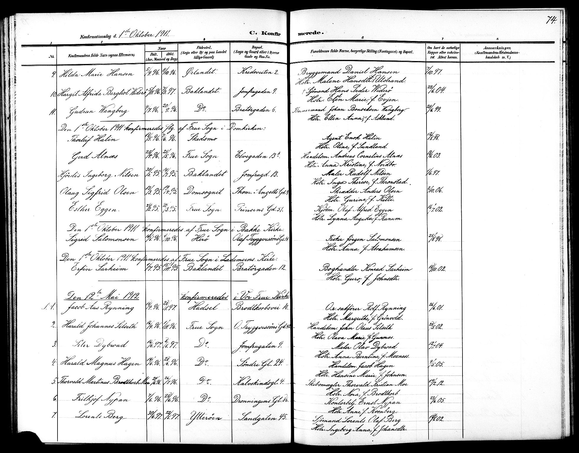 Ministerialprotokoller, klokkerbøker og fødselsregistre - Sør-Trøndelag, SAT/A-1456/602/L0146: Parish register (copy) no. 602C14, 1904-1914, p. 74