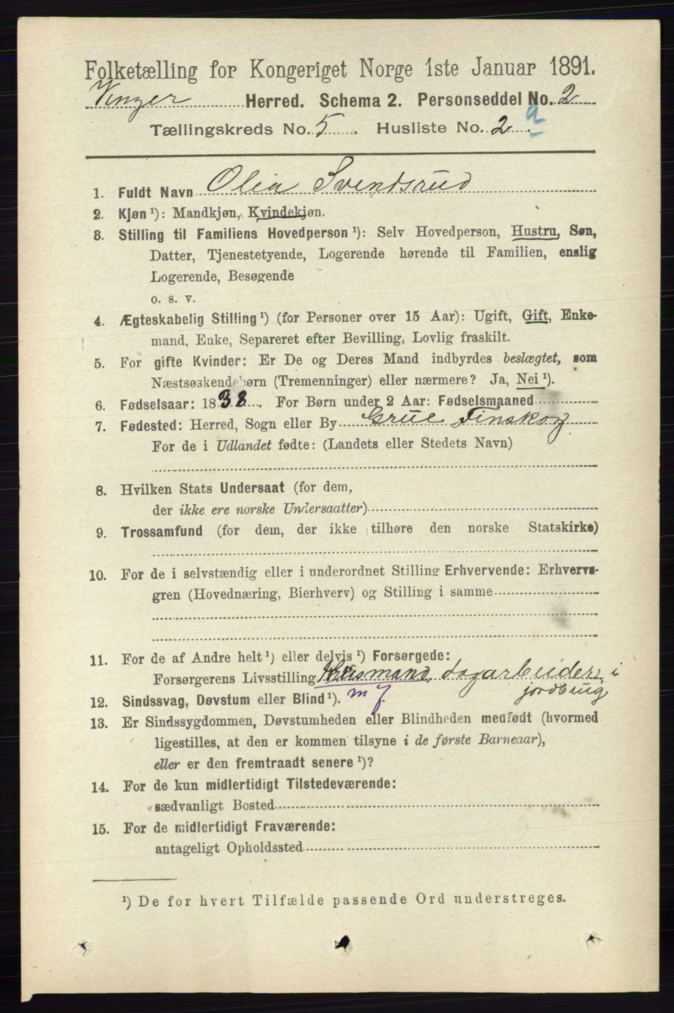 RA, 1891 census for 0421 Vinger, 1891, p. 2052