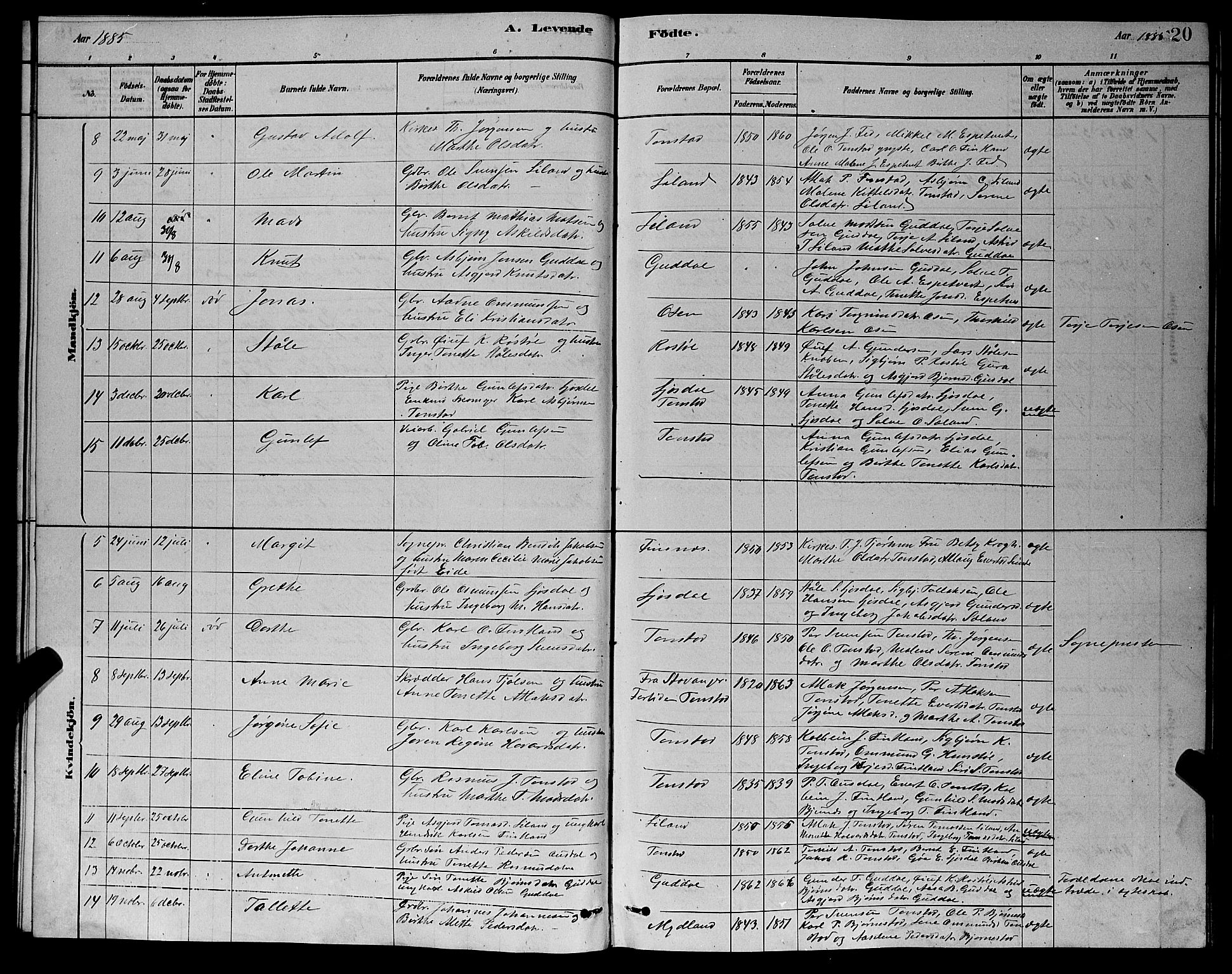 Sirdal sokneprestkontor, AV/SAK-1111-0036/F/Fb/Fbb/L0003: Parish register (copy) no. B 3, 1878-1894, p. 20