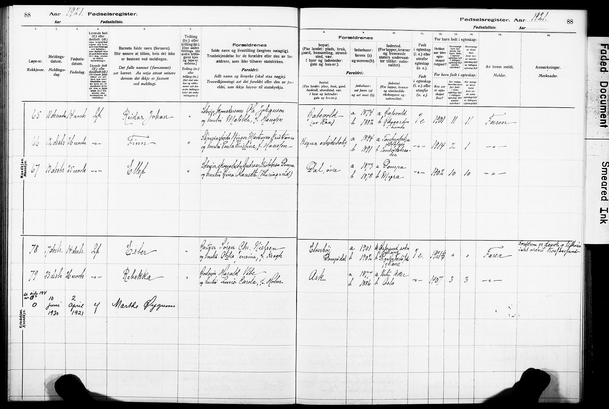 Norderhov kirkebøker, AV/SAKO-A-237/J/Ja/L0001: Birth register no. 1, 1916-1930, p. 88