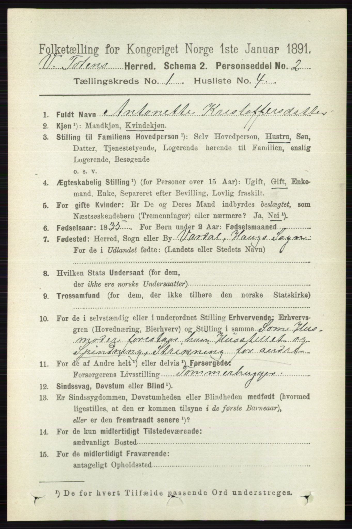 RA, 1891 census for 0529 Vestre Toten, 1891, p. 212