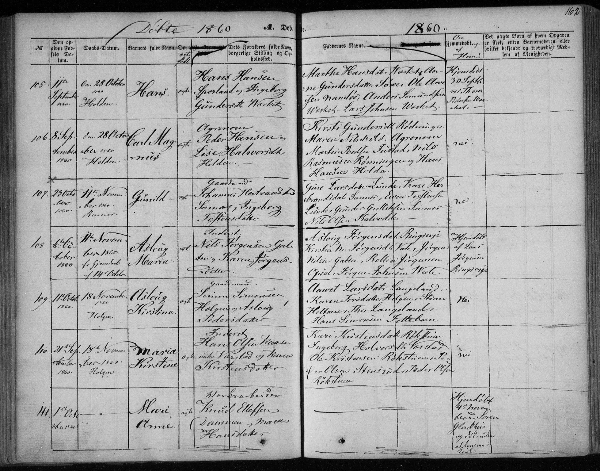 Holla kirkebøker, AV/SAKO-A-272/F/Fa/L0005: Parish register (official) no. 5, 1849-1860, p. 162