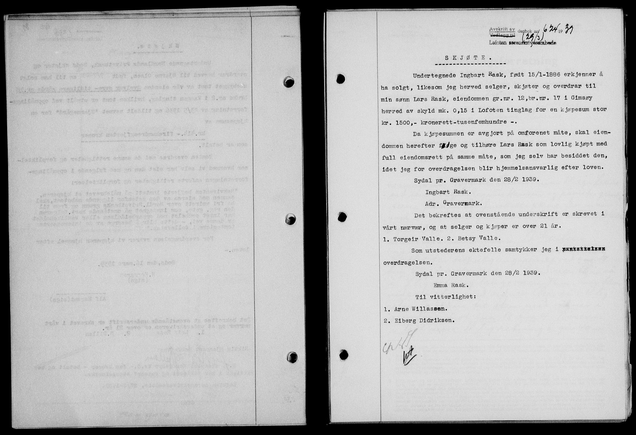 Lofoten sorenskriveri, SAT/A-0017/1/2/2C/L0005a: Mortgage book no. 5a, 1939-1939, Diary no: : 624/1939