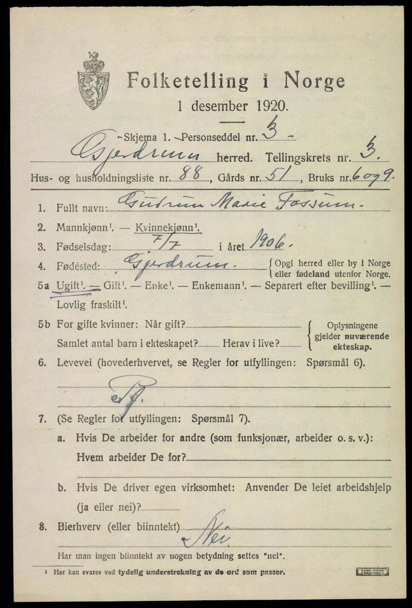 SAO, 1920 census for Gjerdrum, 1920, p. 3298