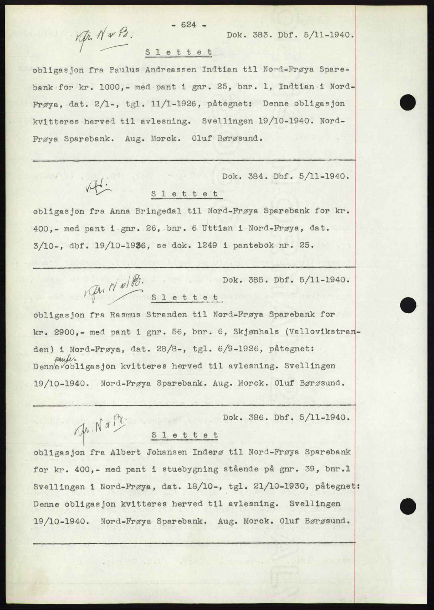 Hitra sorenskriveri, AV/SAT-A-0018/2/2C/2Ca: Mortgage book no. C1, 1936-1945, Diary no: : 383/1940