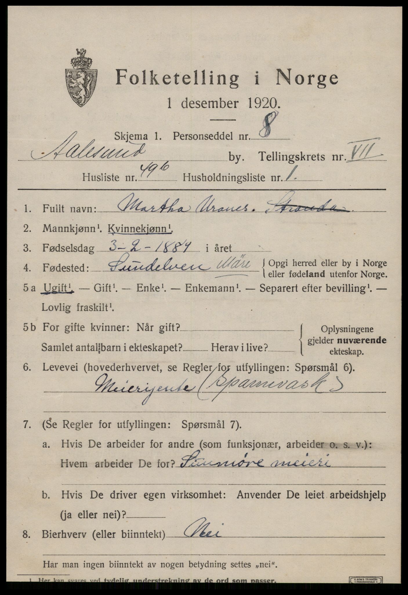 SAT, 1920 census for Ålesund, 1920, p. 21012