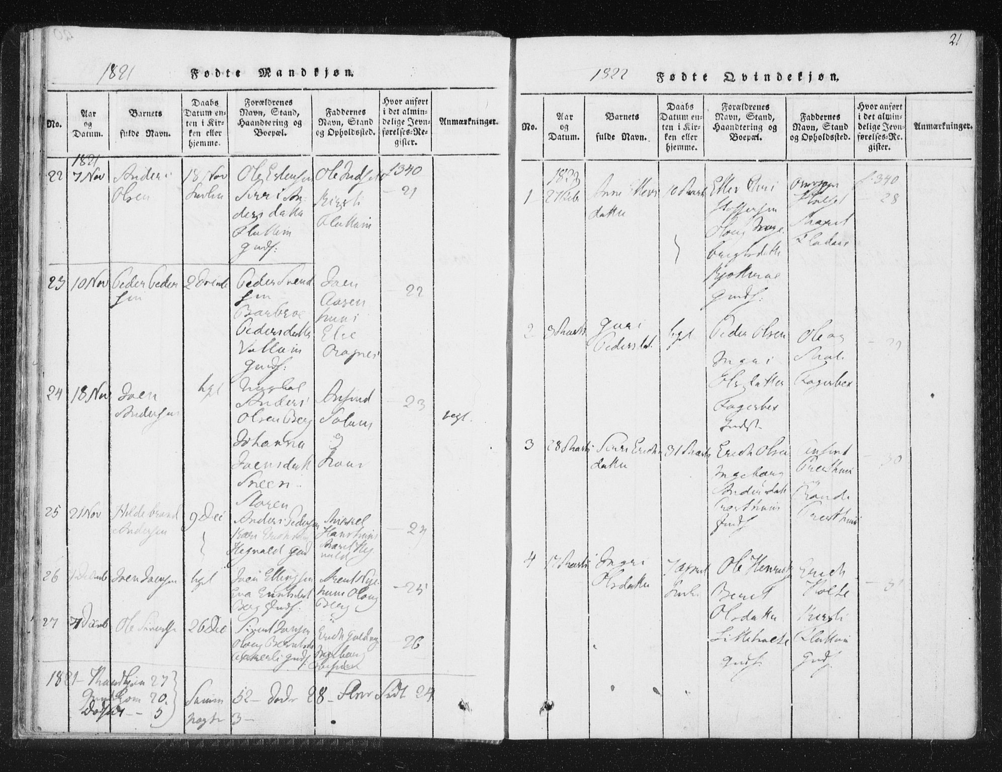 Ministerialprotokoller, klokkerbøker og fødselsregistre - Sør-Trøndelag, SAT/A-1456/689/L1037: Parish register (official) no. 689A02, 1816-1842, p. 21