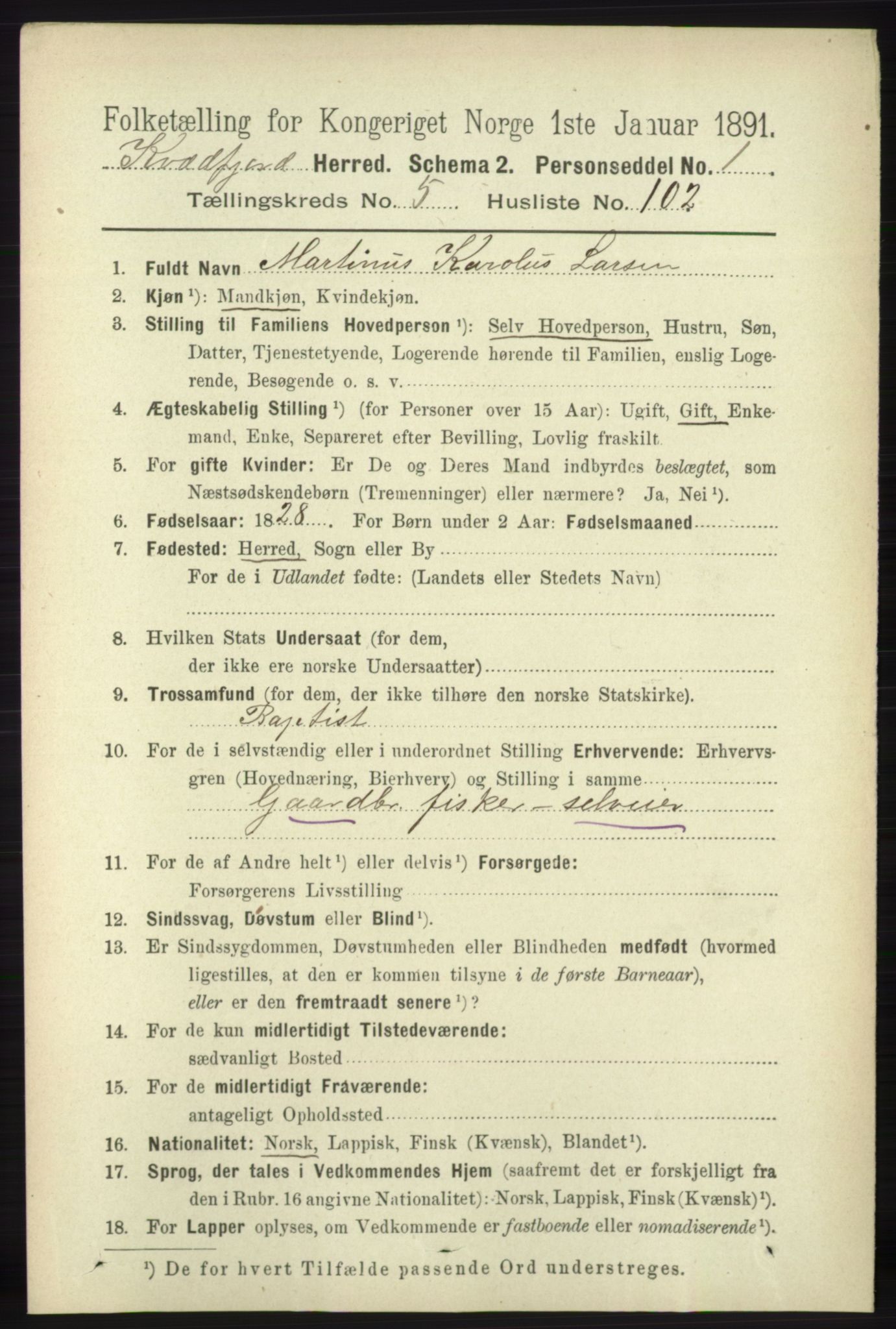 RA, 1891 census for 1911 Kvæfjord, 1891, p. 3484
