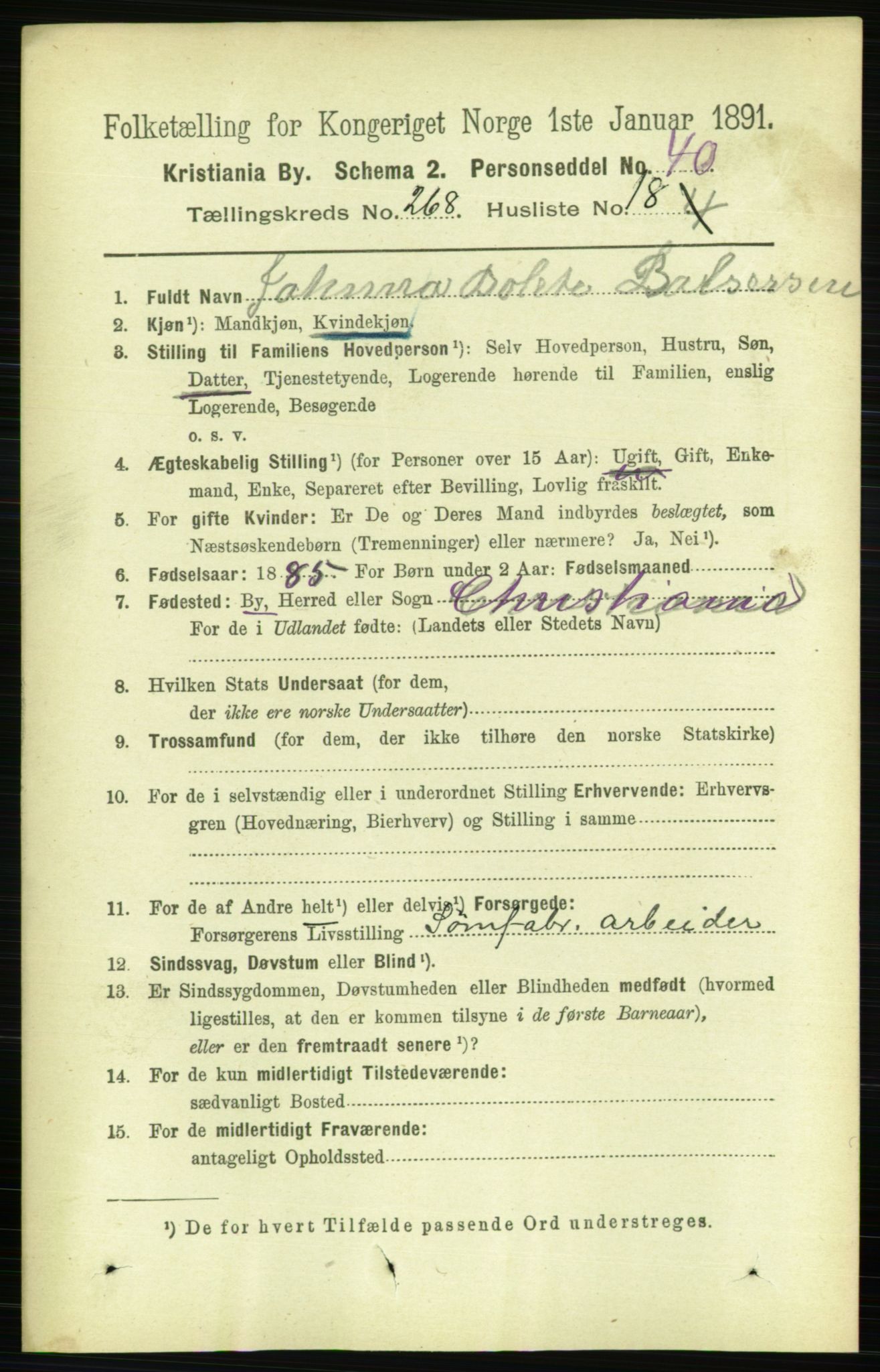 RA, 1891 census for 0301 Kristiania, 1891, p. 162562