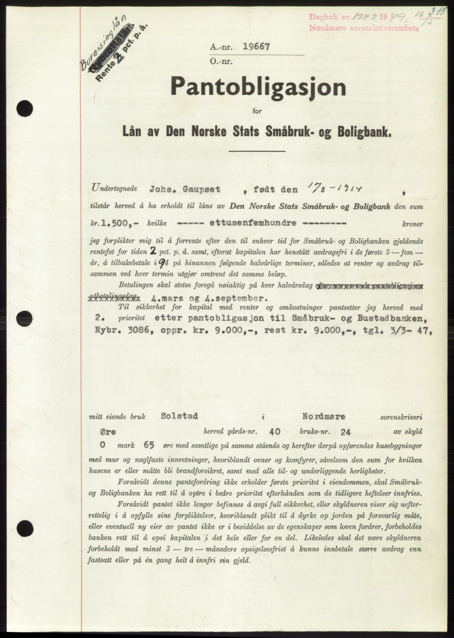 Nordmøre sorenskriveri, AV/SAT-A-4132/1/2/2Ca: Mortgage book no. B101, 1949-1949, Diary no: : 1242/1949