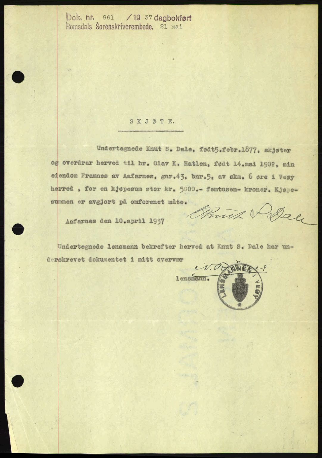 Romsdal sorenskriveri, SAT/A-4149/1/2/2C: Mortgage book no. A3, 1937-1937, Diary no: : 961/1937