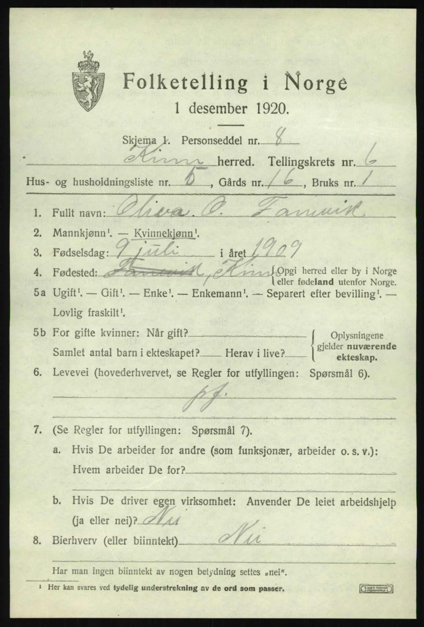 SAB, 1920 census for Kinn, 1920, p. 2813