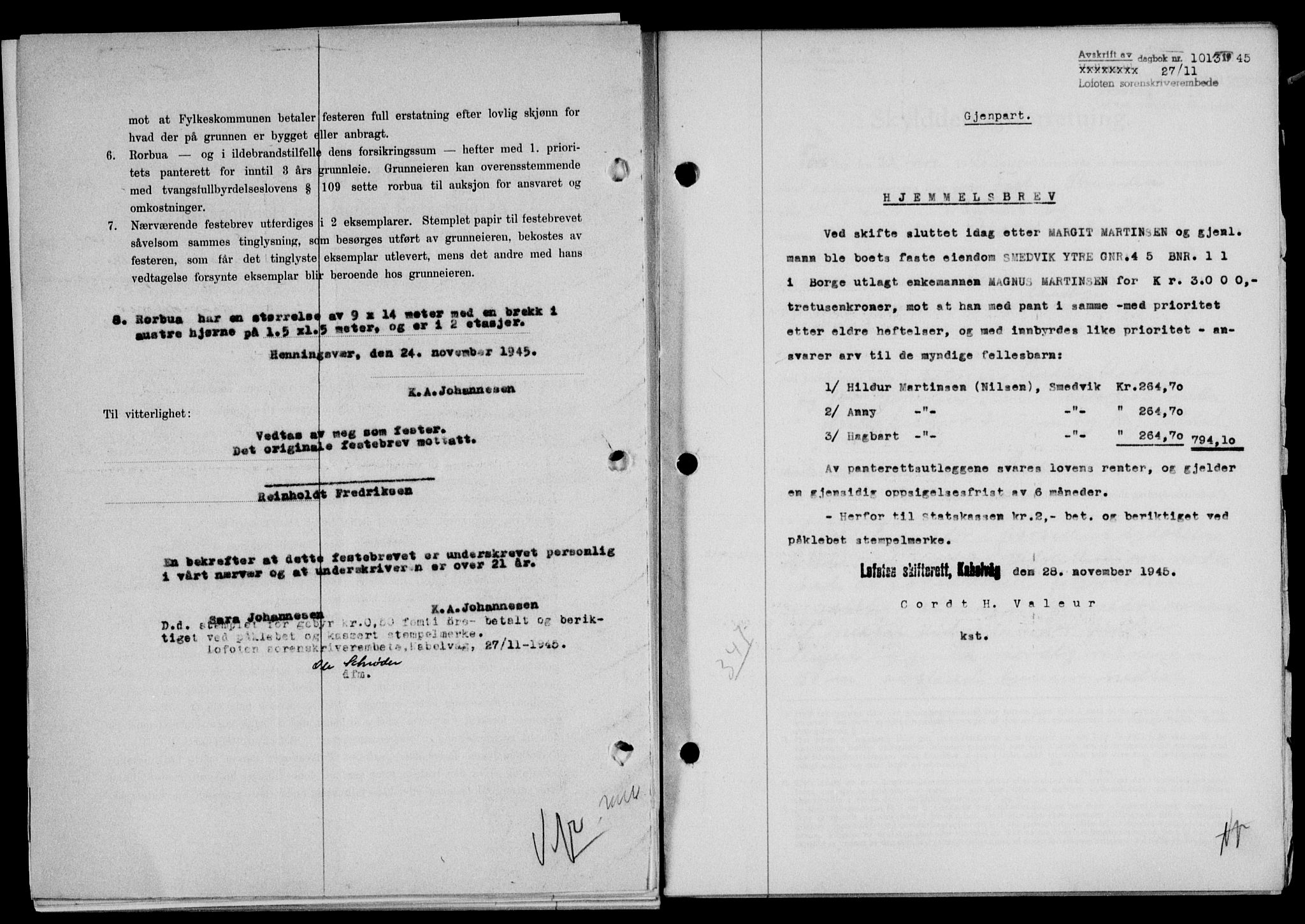 Lofoten sorenskriveri, SAT/A-0017/1/2/2C/L0013a: Mortgage book no. 13a, 1944-1946, Diary no: : 1013/1945