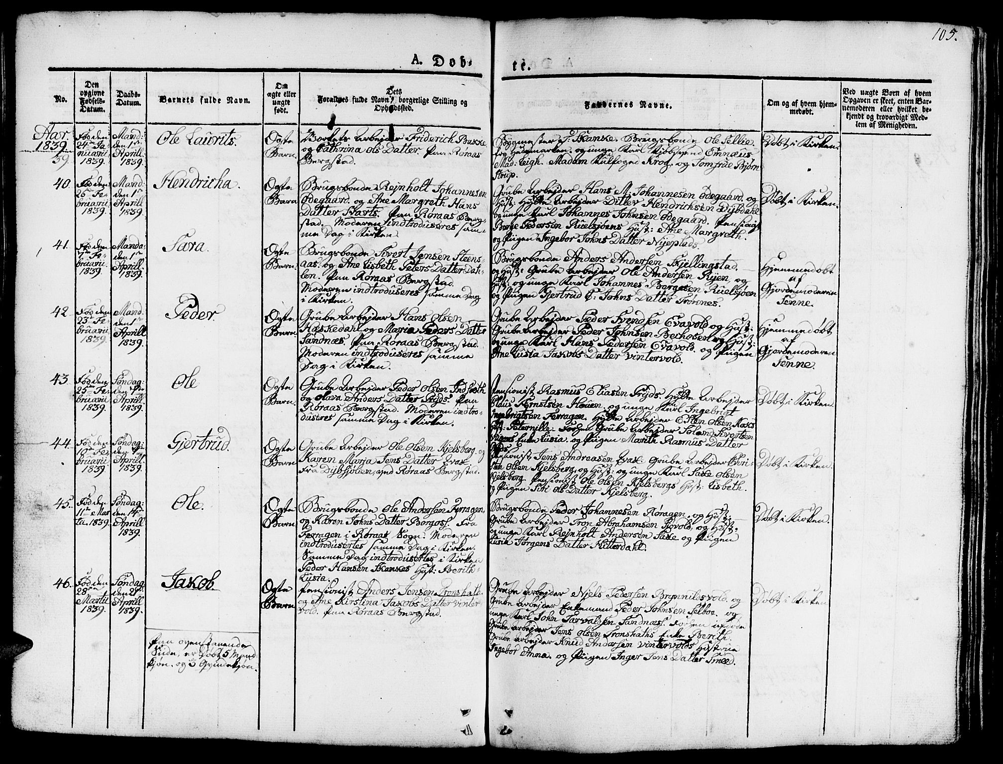 Ministerialprotokoller, klokkerbøker og fødselsregistre - Sør-Trøndelag, AV/SAT-A-1456/681/L0938: Parish register (copy) no. 681C02, 1829-1879, p. 105