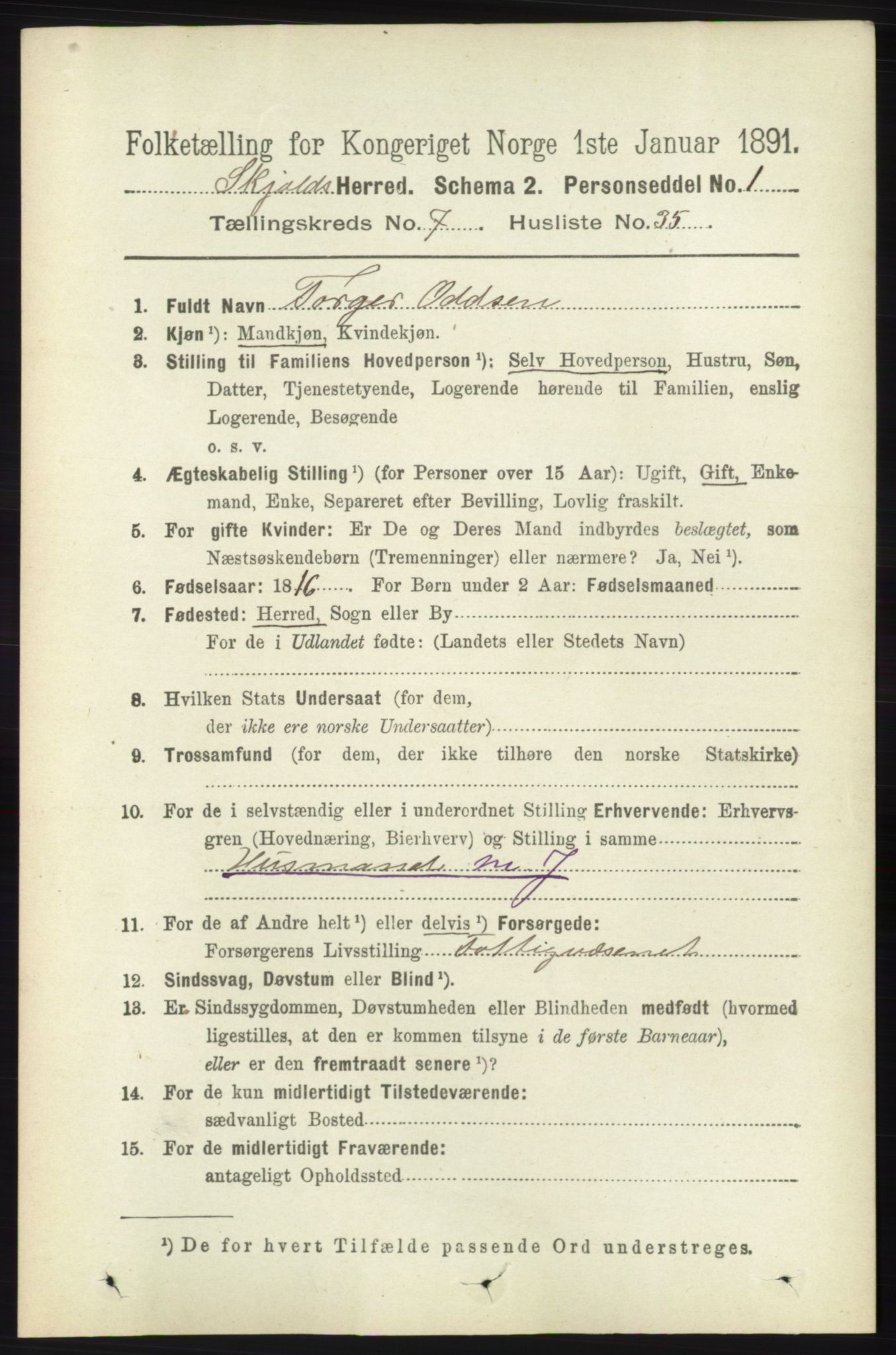RA, 1891 census for 1154 Skjold, 1891, p. 1523