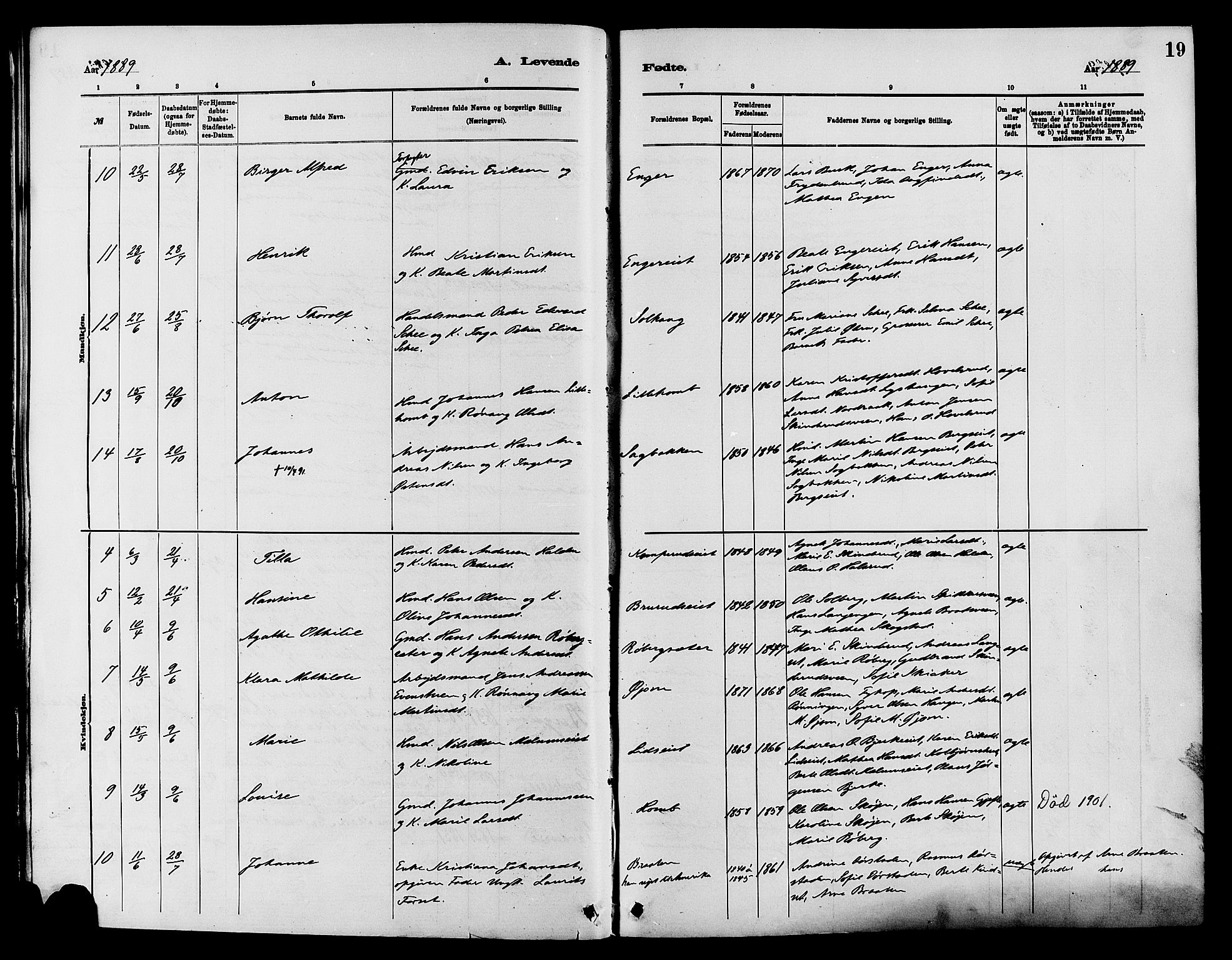 Nordre Land prestekontor, SAH/PREST-124/H/Ha/Haa/L0003: Parish register (official) no. 3, 1882-1896, p. 19