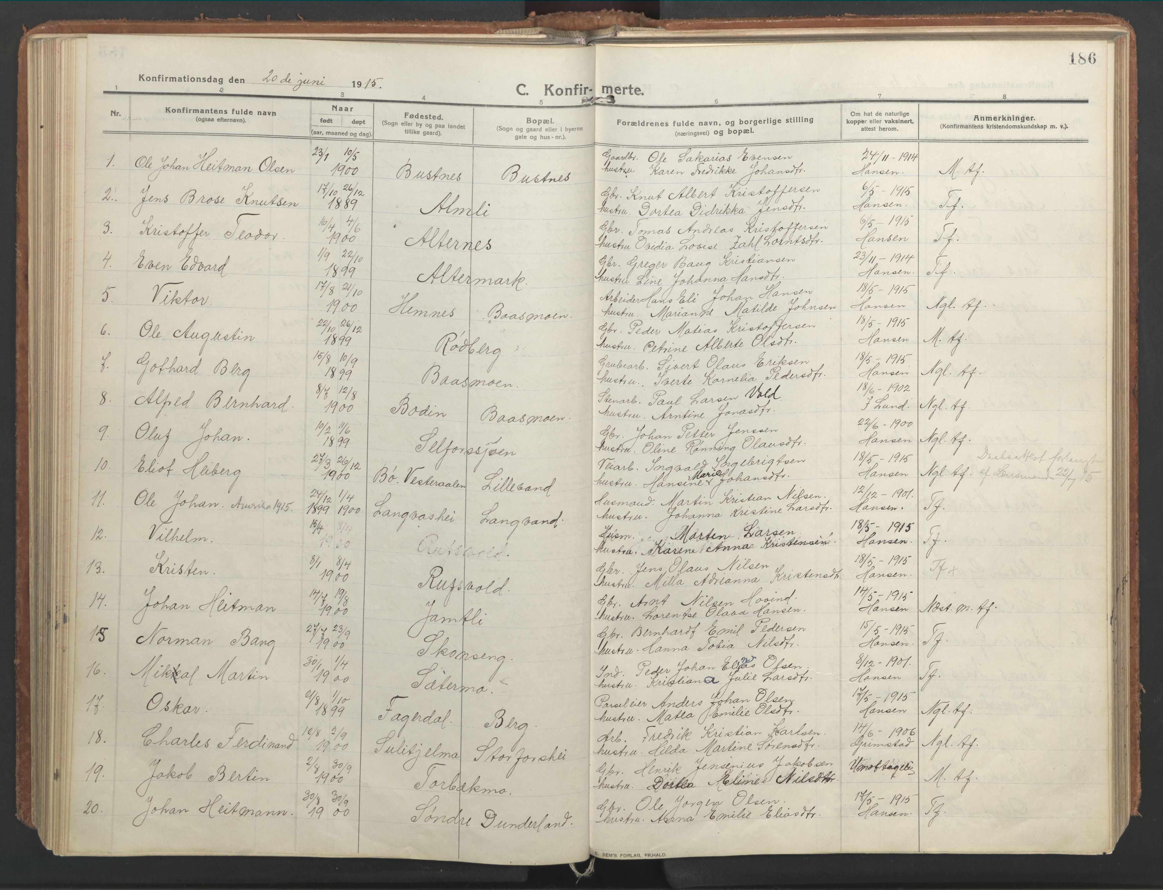Ministerialprotokoller, klokkerbøker og fødselsregistre - Nordland, SAT/A-1459/827/L0404: Parish register (official) no. 827A16, 1912-1925, p. 186