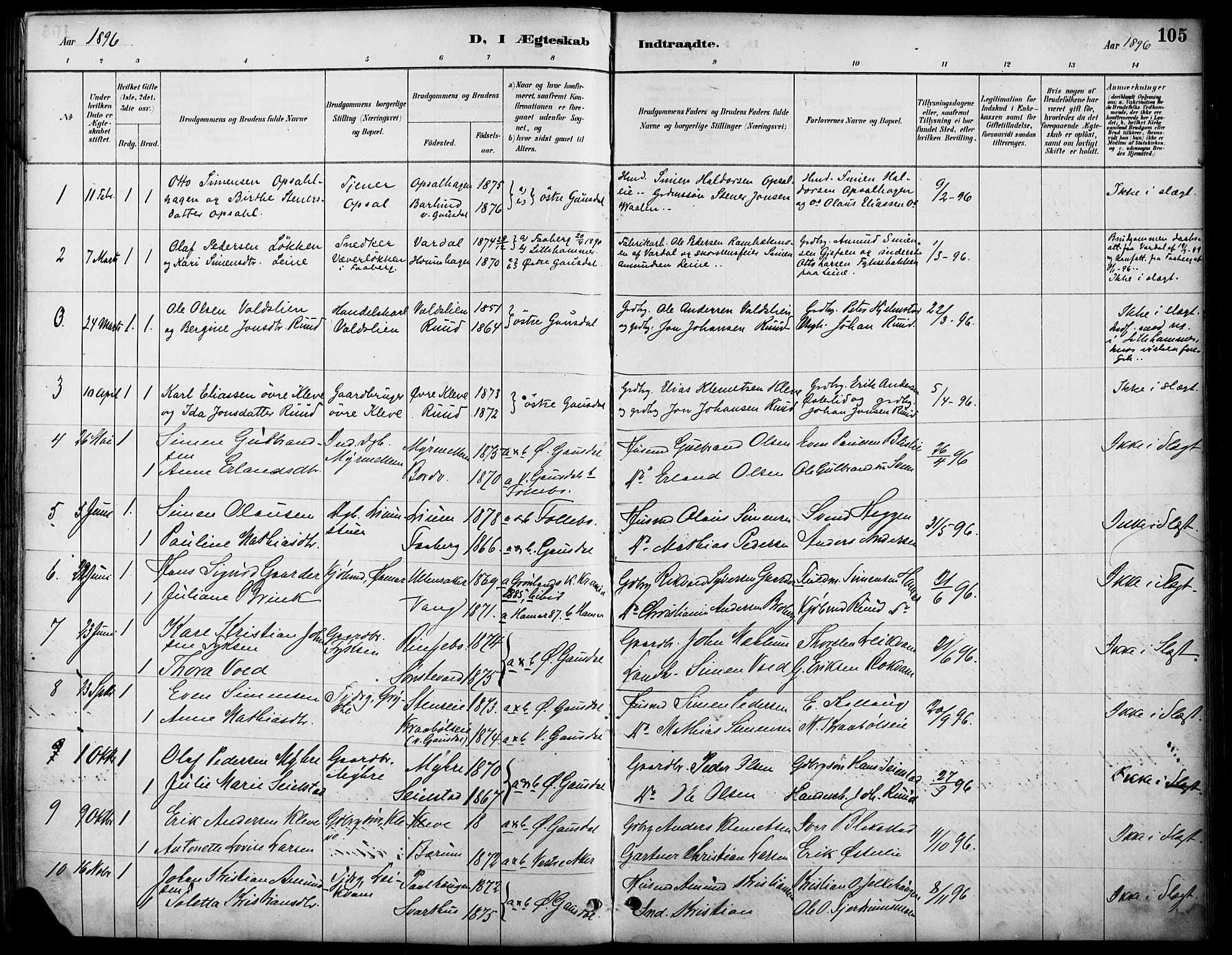 Østre Gausdal prestekontor, AV/SAH-PREST-092/H/Ha/Haa/L0002: Parish register (official) no. 2, 1887-1897, p. 105