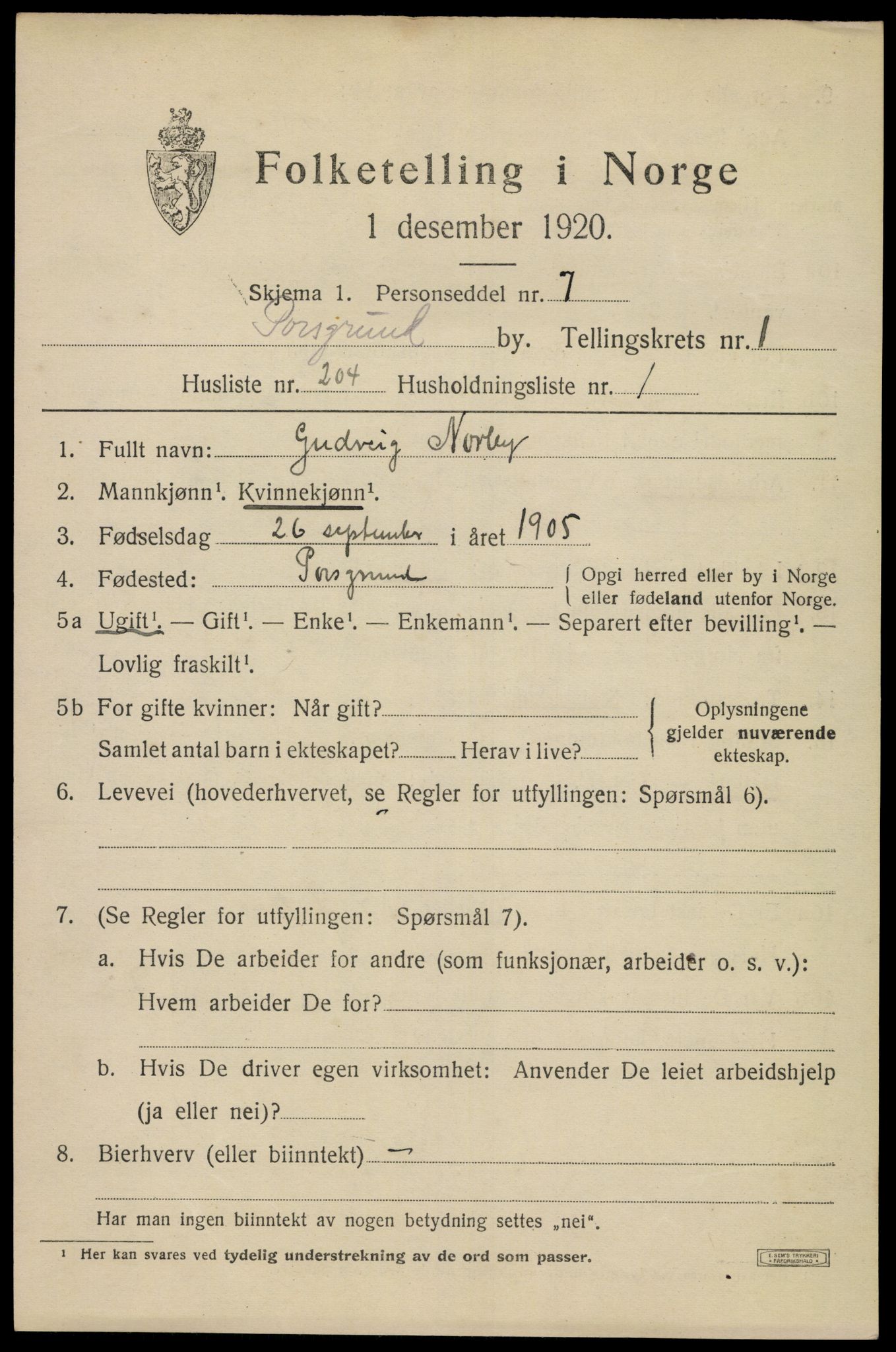 SAKO, 1920 census for Porsgrunn, 1920, p. 9461