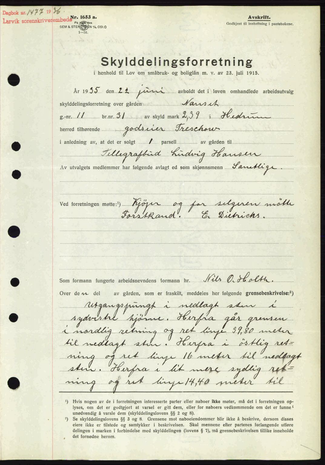 Larvik sorenskriveri, SAKO/A-83/G/Ga/Gab/L0067: Mortgage book no. A-1, 1936-1937, Diary no: : 1477/1936