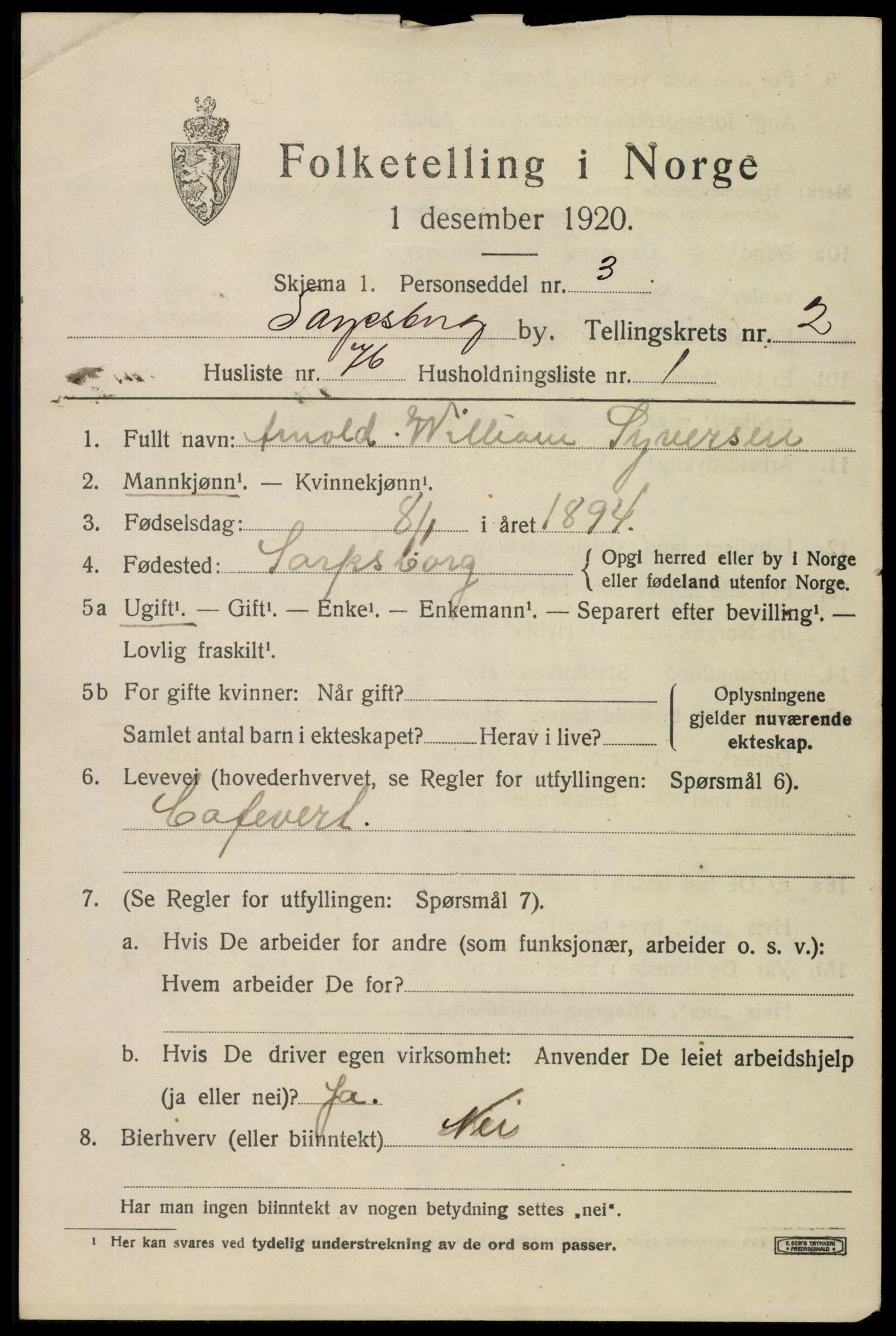 SAO, 1920 census for Sarpsborg, 1920, p. 10678