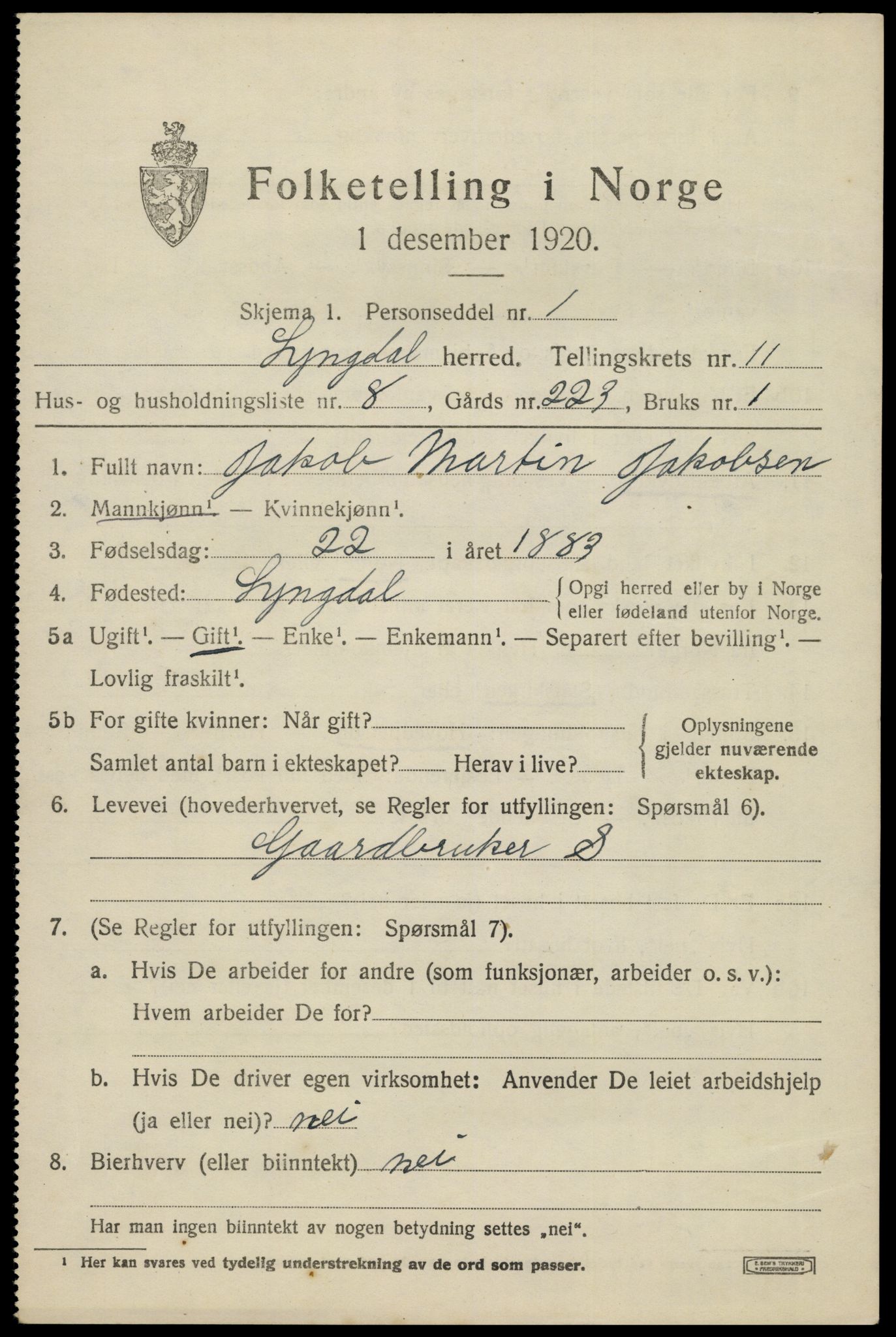 SAK, 1920 census for Lyngdal, 1920, p. 5351