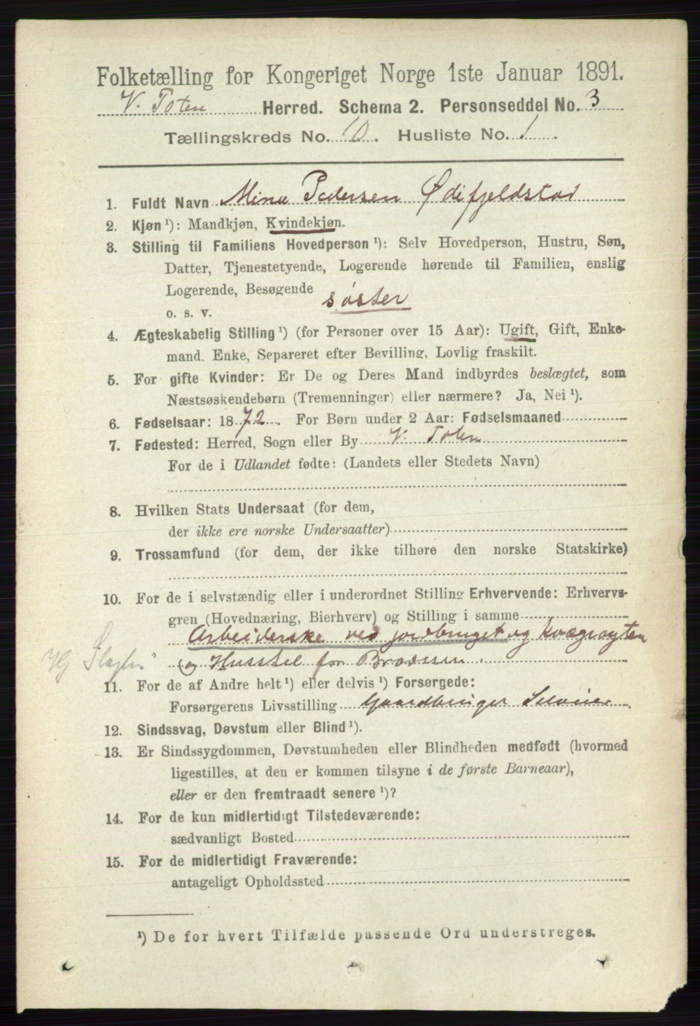 RA, 1891 census for 0529 Vestre Toten, 1891, p. 6187