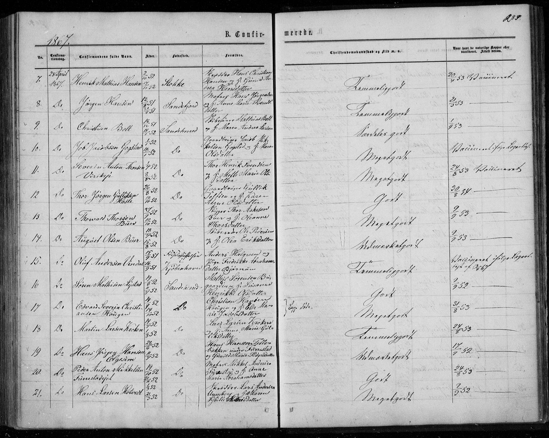 Sandar kirkebøker, SAKO/A-243/F/Fa/L0008: Parish register (official) no. 8, 1862-1871, p. 285