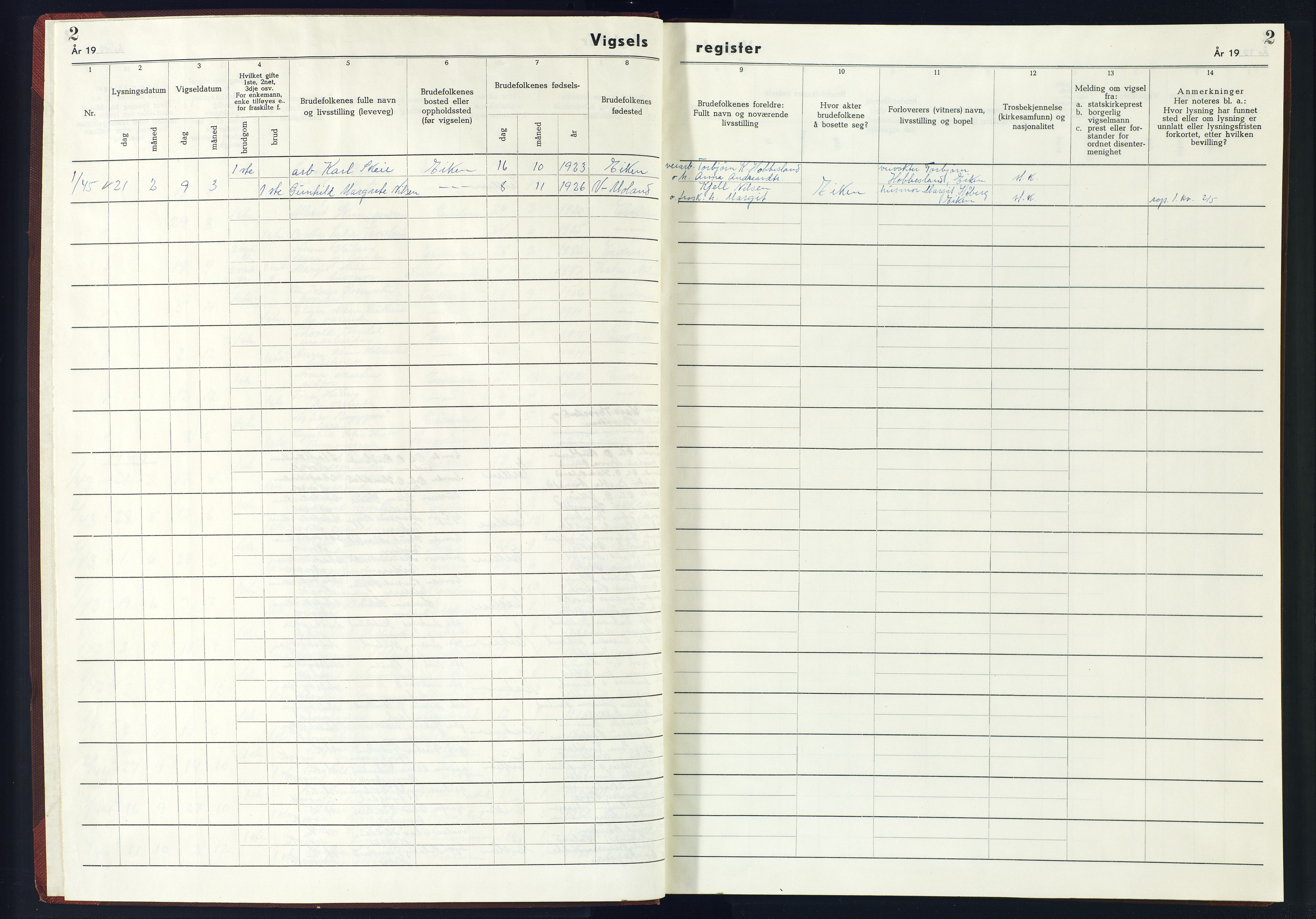 Hægebostad sokneprestkontor, AV/SAK-1111-0024/J/Jb/L0005: Marriage register no. II.6.5, 1942-1945, p. 2