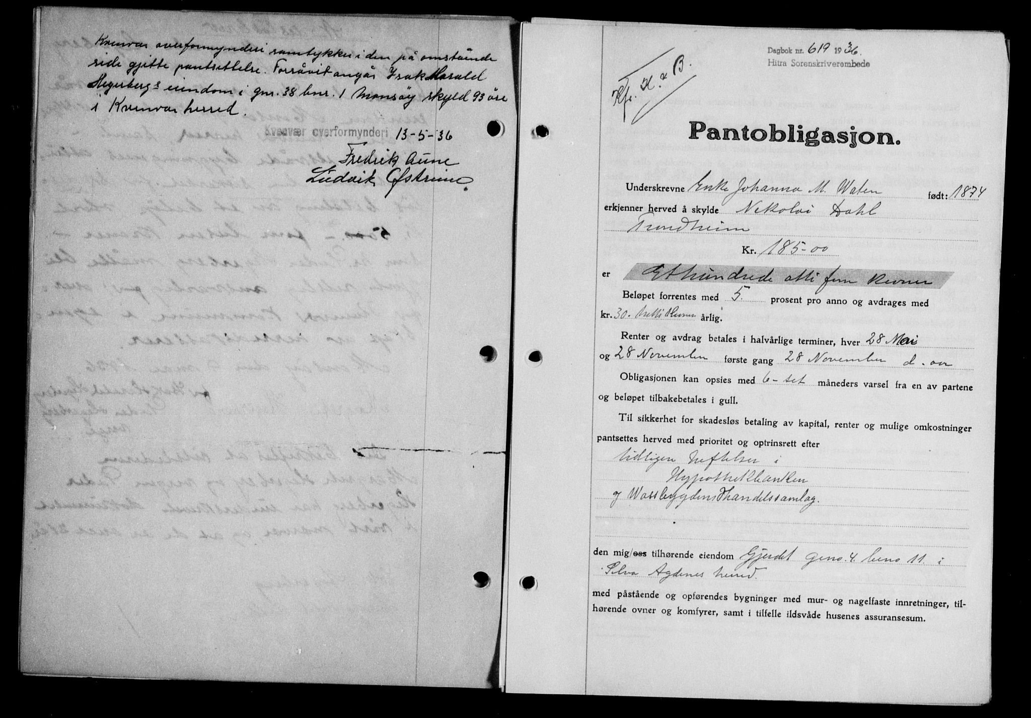 Hitra sorenskriveri, AV/SAT-A-0018/2/2C/2Ca/L0028: Mortgage book no. B-1, 1936-1939, Diary no: : 619/1936