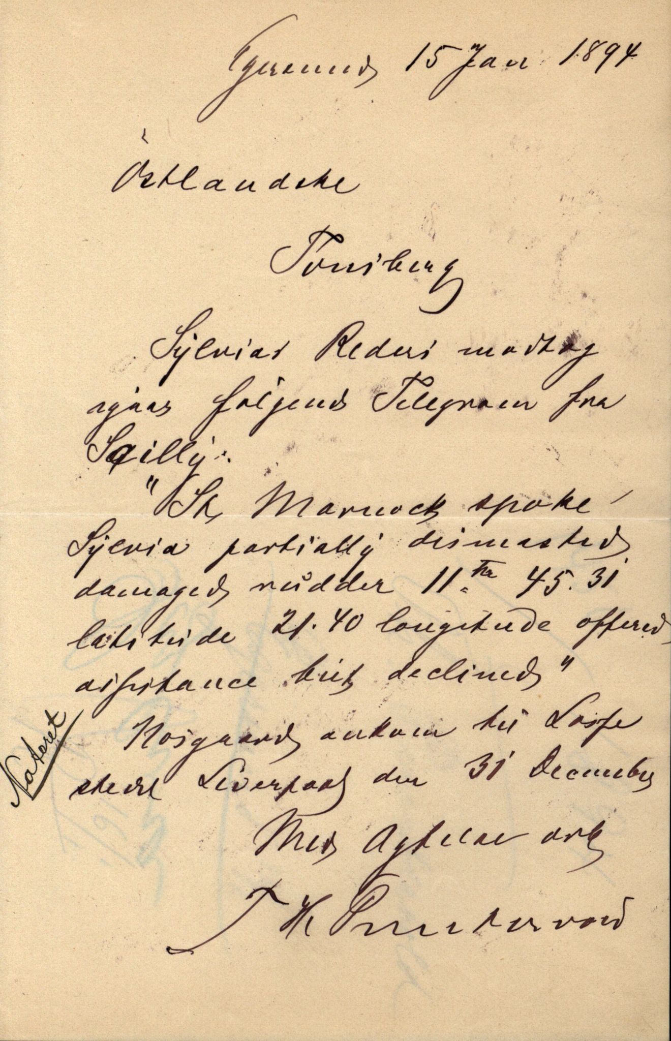 Pa 63 - Østlandske skibsassuranceforening, VEMU/A-1079/G/Ga/L0030/0006: Havaridokumenter / Sylvia, Stærk, Cathrine, Caroline, Glengairn, 1893, p. 10