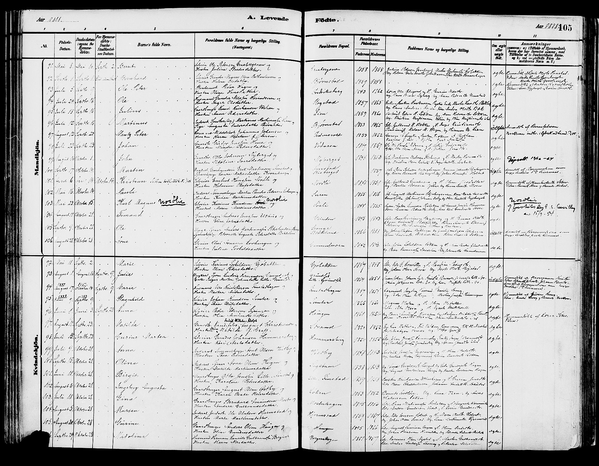 Elverum prestekontor, AV/SAH-PREST-044/H/Ha/Haa/L0013: Parish register (official) no. 13, 1880-1890, p. 105