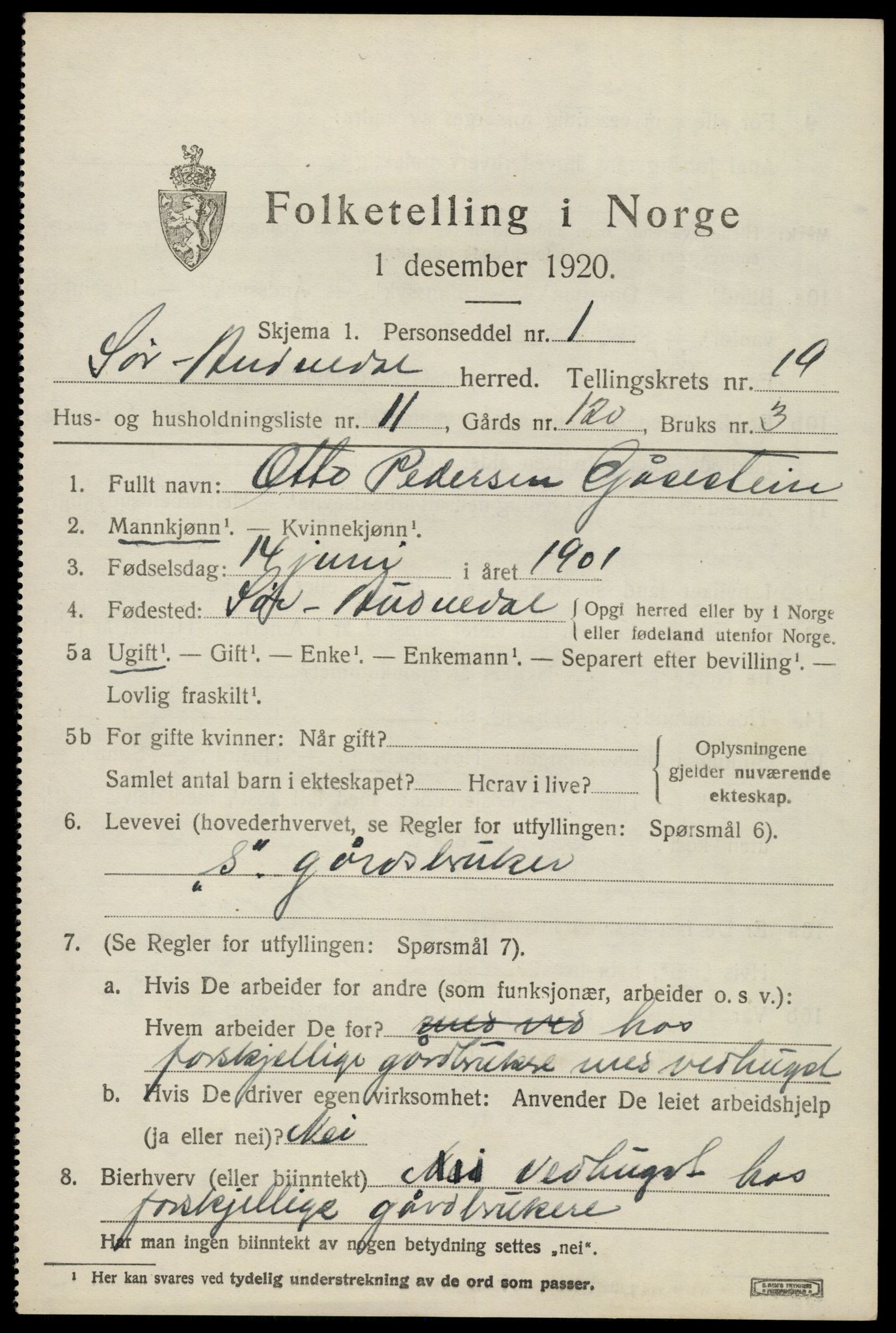 SAK, 1920 census for Sør-Audnedal, 1920, p. 6671