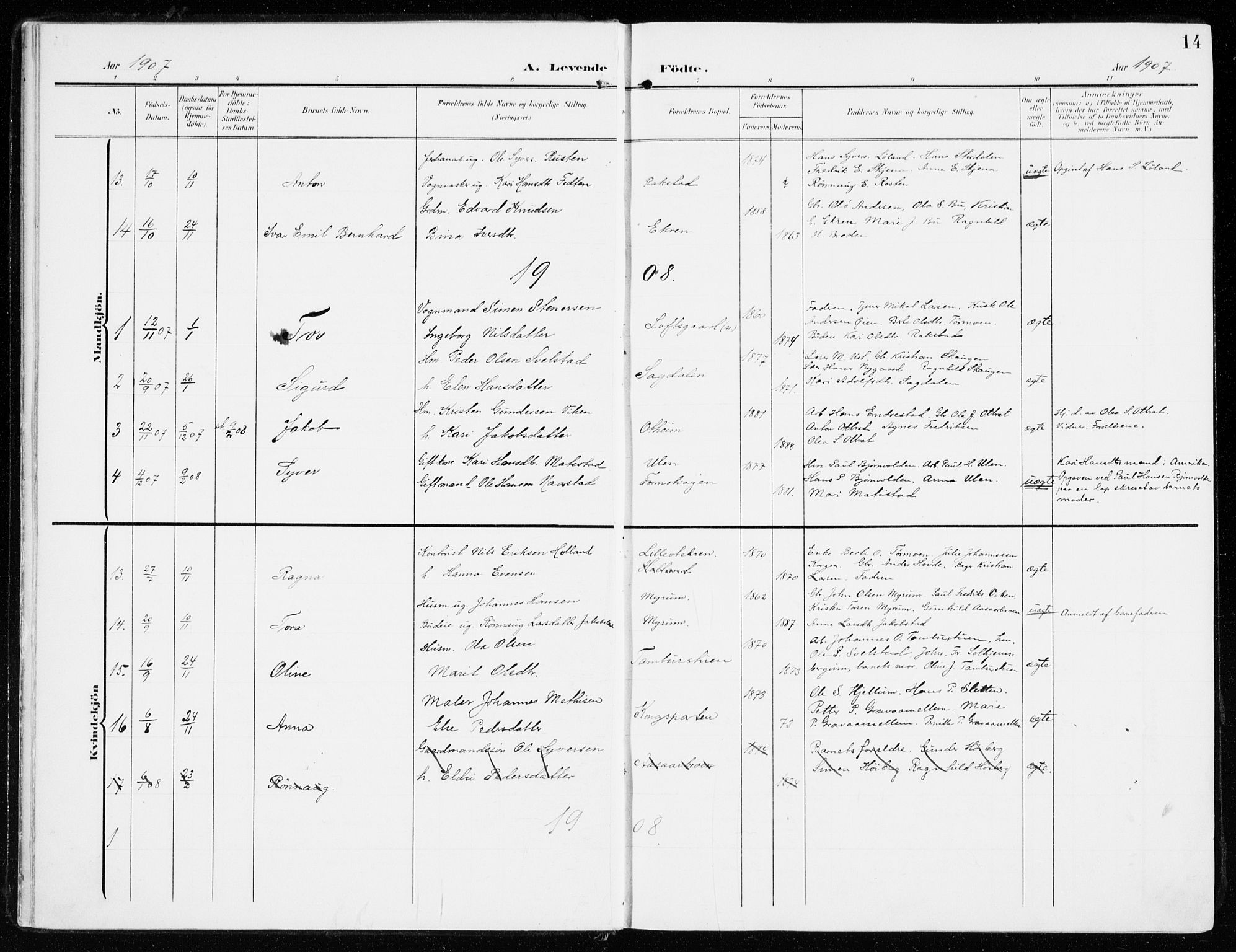 Sel prestekontor, SAH/PREST-074/H/Ha/Haa/L0002: Parish register (official) no. 2, 1905-1919, p. 14