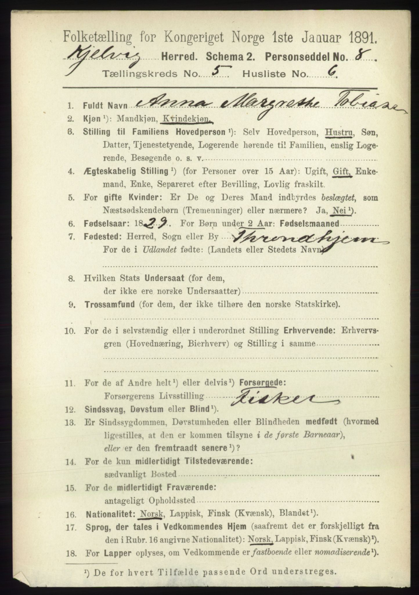 RA, 1891 census for 2019 Kjelvik, 1891, p. 581