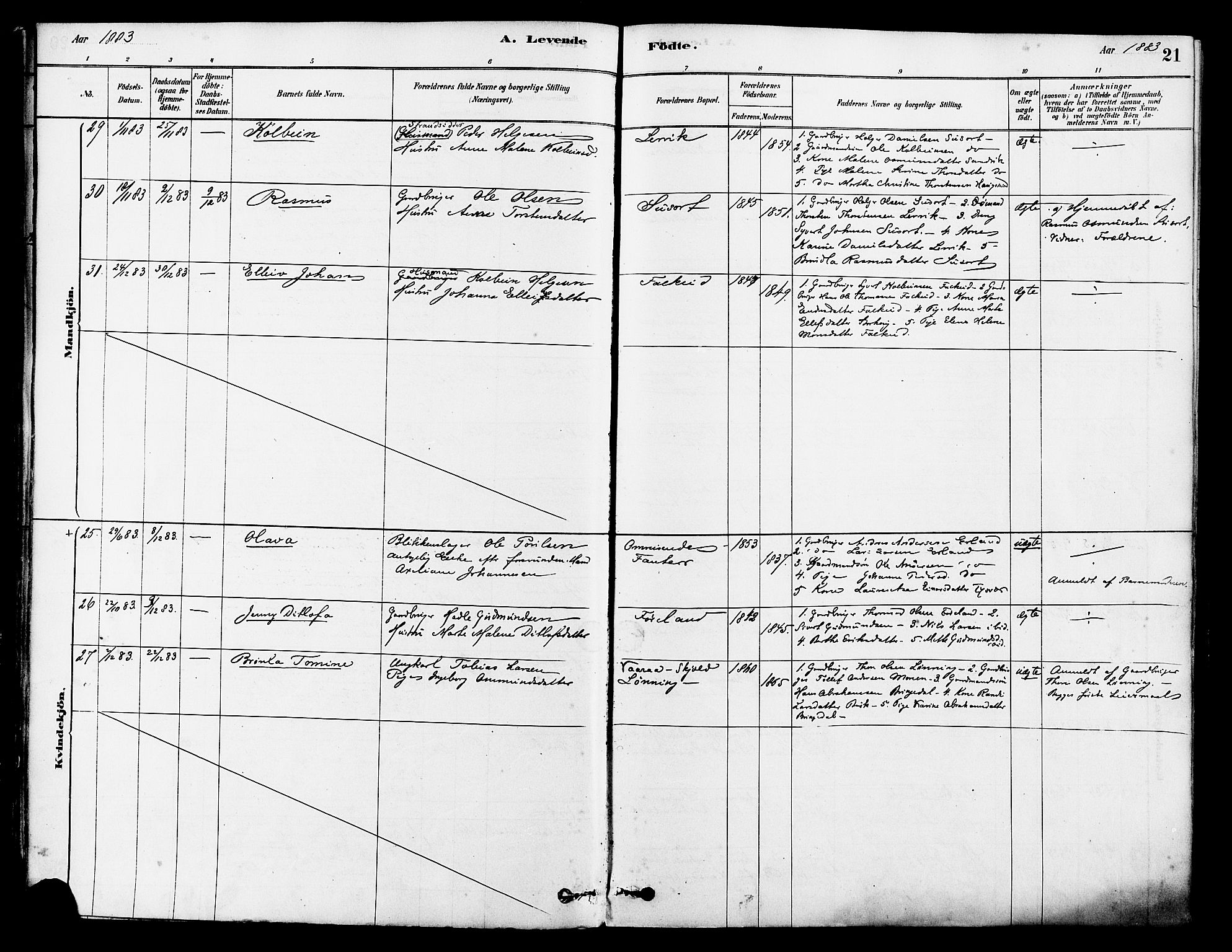 Tysvær sokneprestkontor, AV/SAST-A -101864/H/Ha/Haa/L0006: Parish register (official) no. A 6, 1878-1896, p. 21