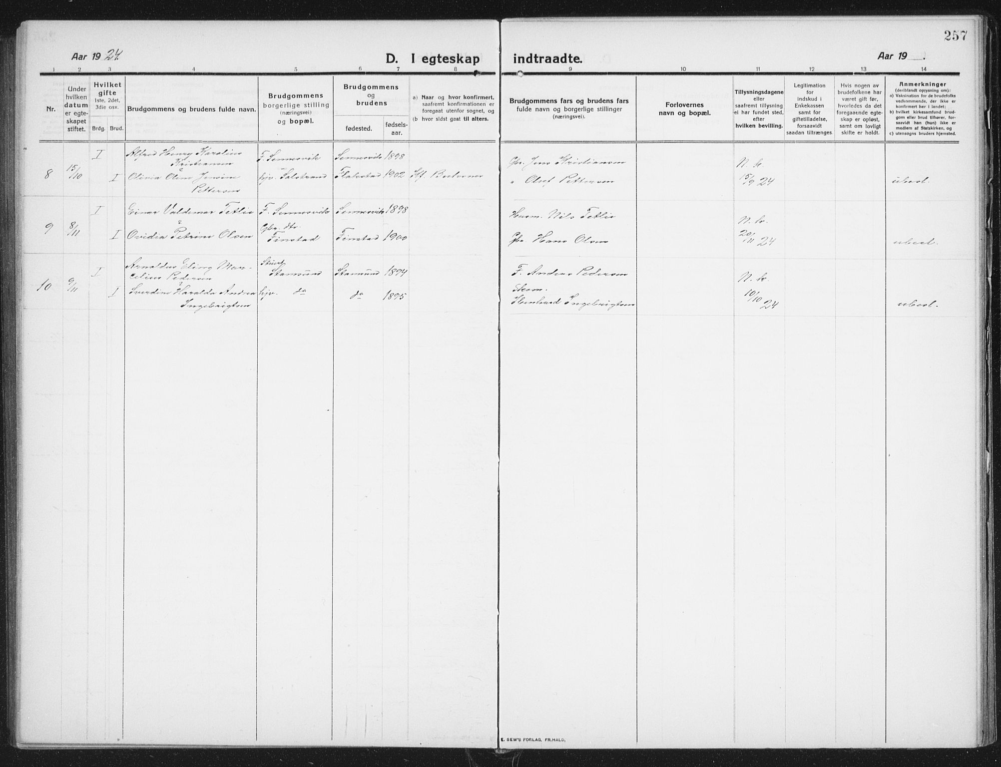 Ministerialprotokoller, klokkerbøker og fødselsregistre - Nordland, SAT/A-1459/882/L1183: Parish register (copy) no. 882C01, 1911-1938, p. 257
