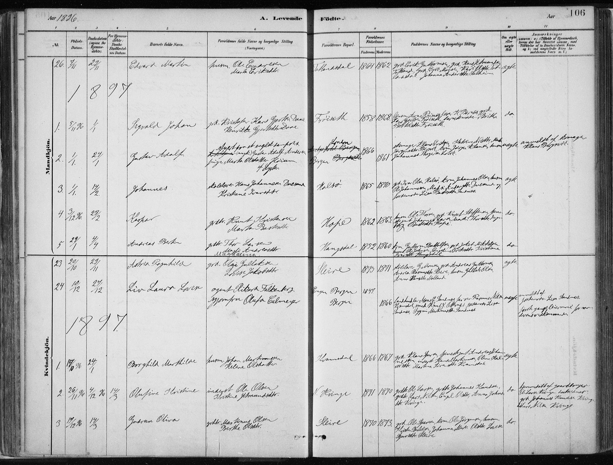 Masfjorden Sokneprestembete, SAB/A-77001: Parish register (official) no. B  1, 1876-1899, p. 106