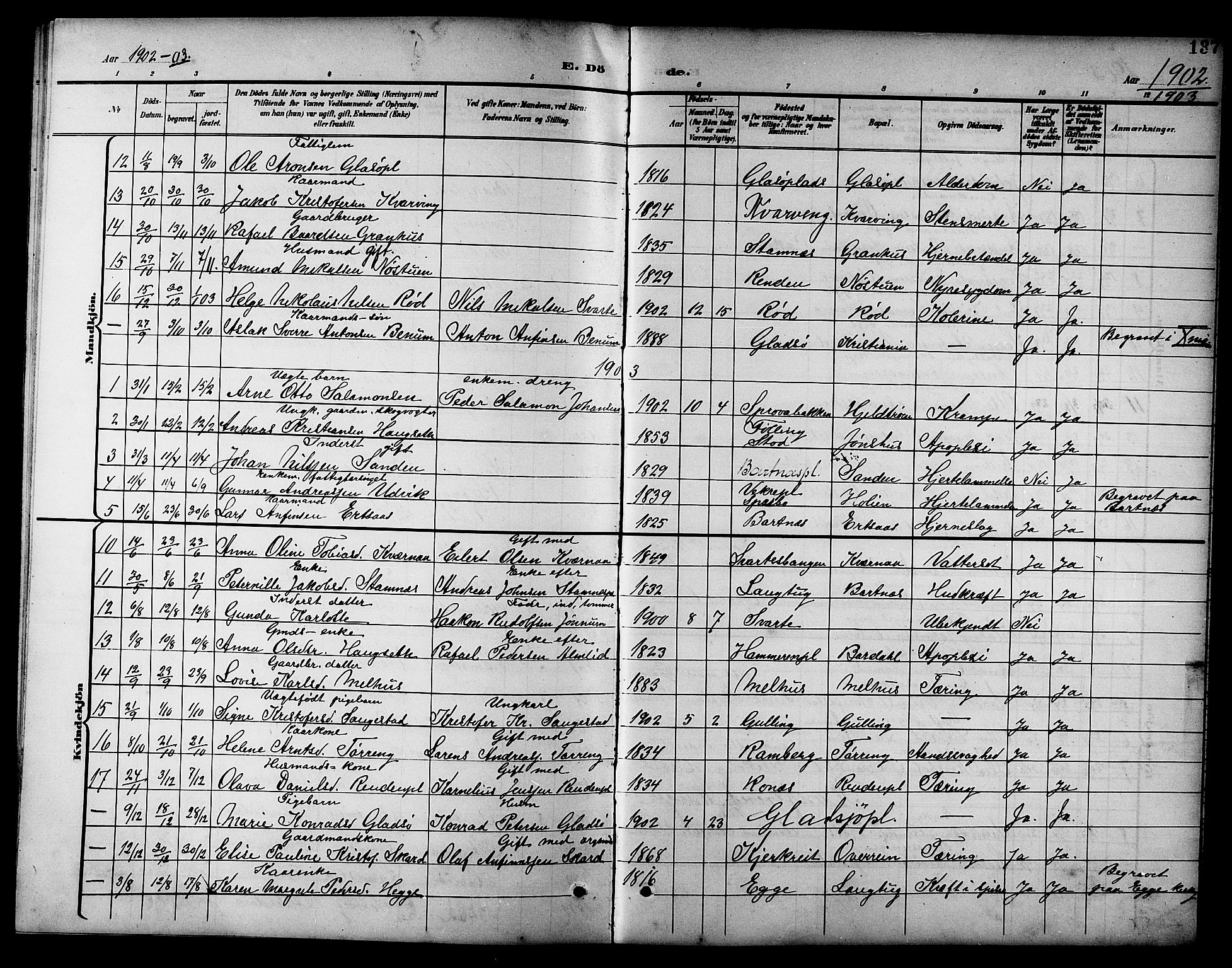 Ministerialprotokoller, klokkerbøker og fødselsregistre - Nord-Trøndelag, SAT/A-1458/741/L0401: Parish register (copy) no. 741C02, 1899-1911, p. 137