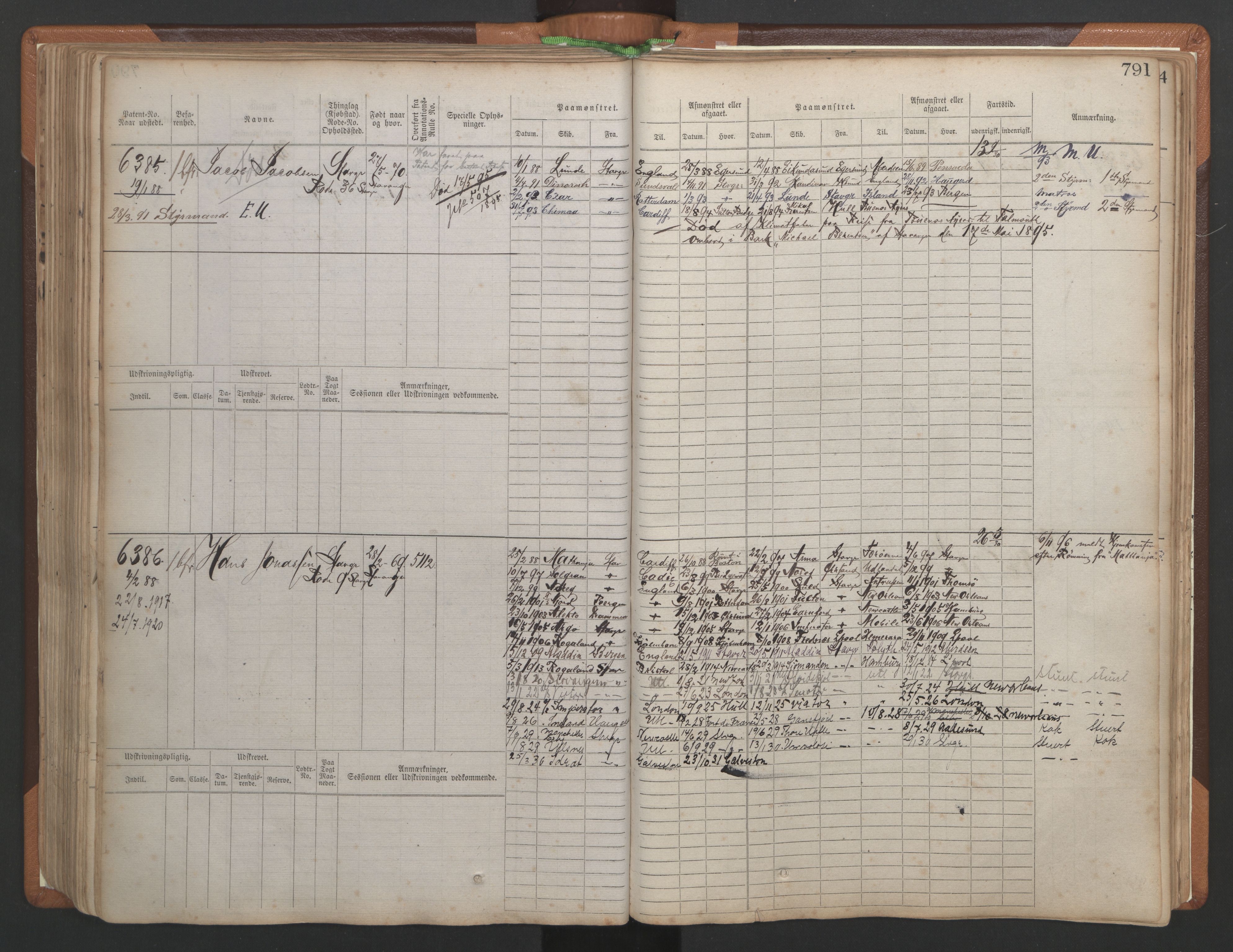 Stavanger sjømannskontor, AV/SAST-A-102006/F/Fb/Fbb/L0010: Sjøfartshovedrulle, patentnr. 6007-6606 (del 1), 1887-1896, p. 195