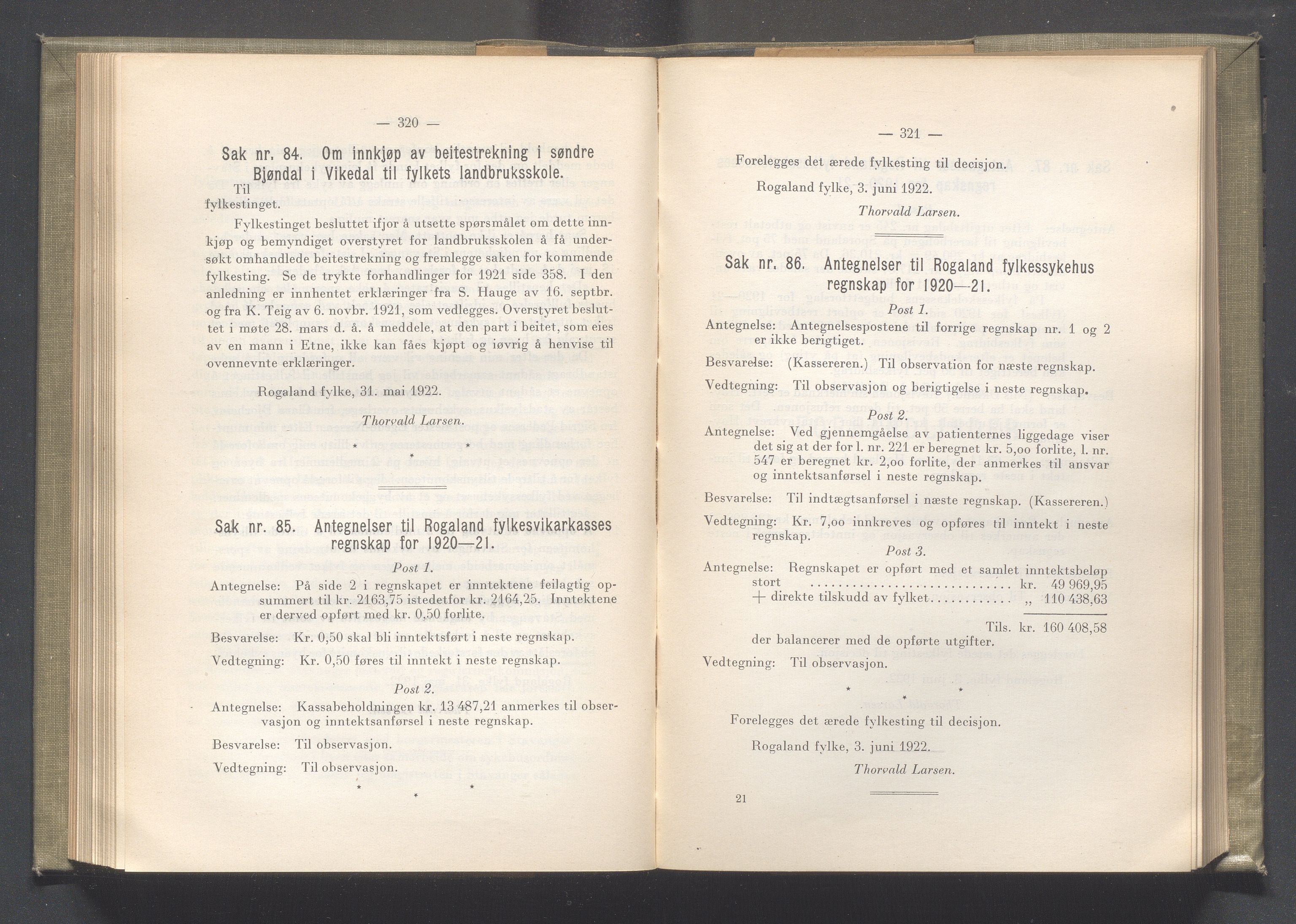 Rogaland fylkeskommune - Fylkesrådmannen , IKAR/A-900/A/Aa/Aaa/L0041: Møtebok , 1922, p. 320-321