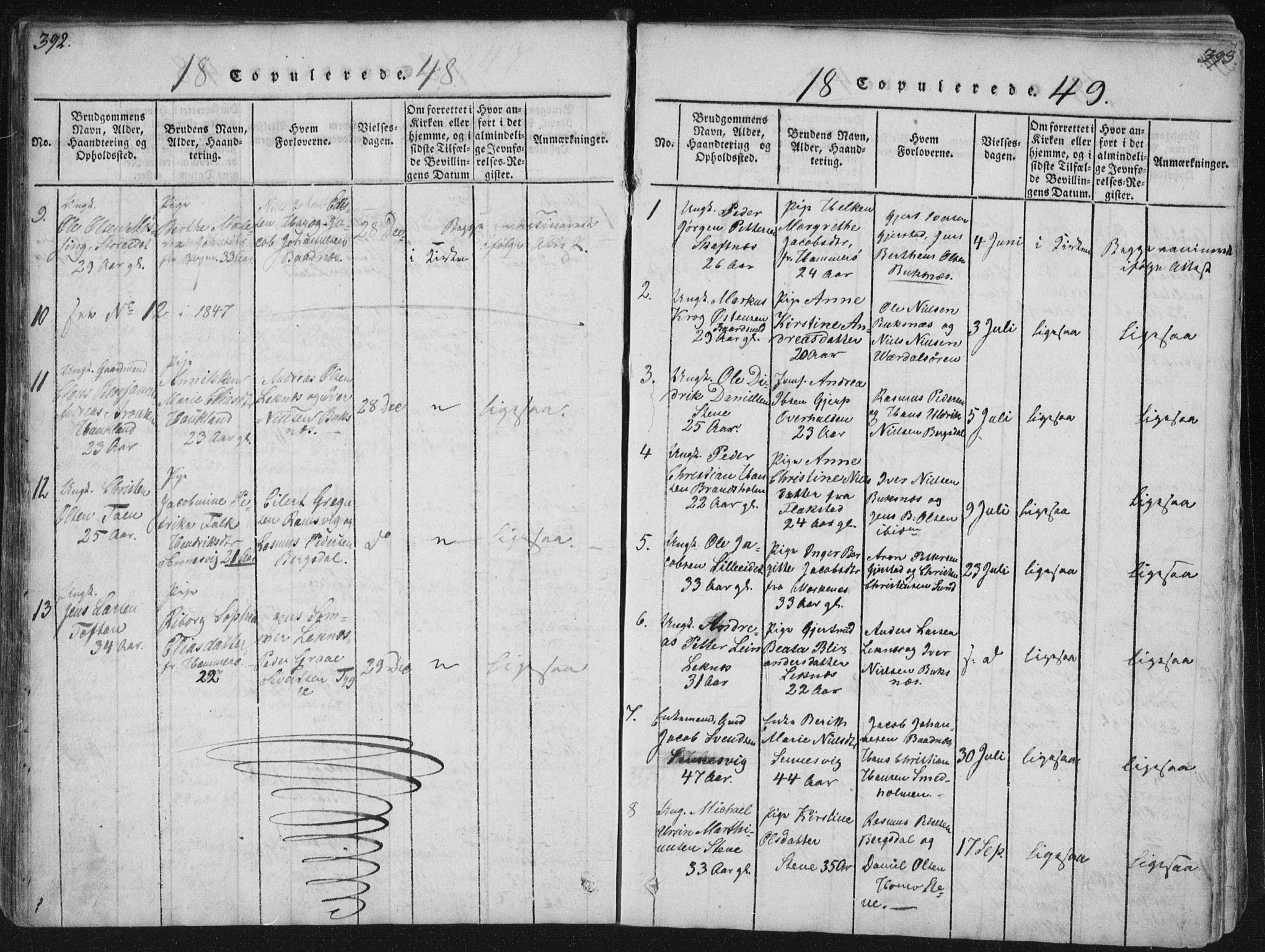 Ministerialprotokoller, klokkerbøker og fødselsregistre - Nordland, SAT/A-1459/881/L1164: Parish register (copy) no. 881C01, 1818-1853, p. 392-393