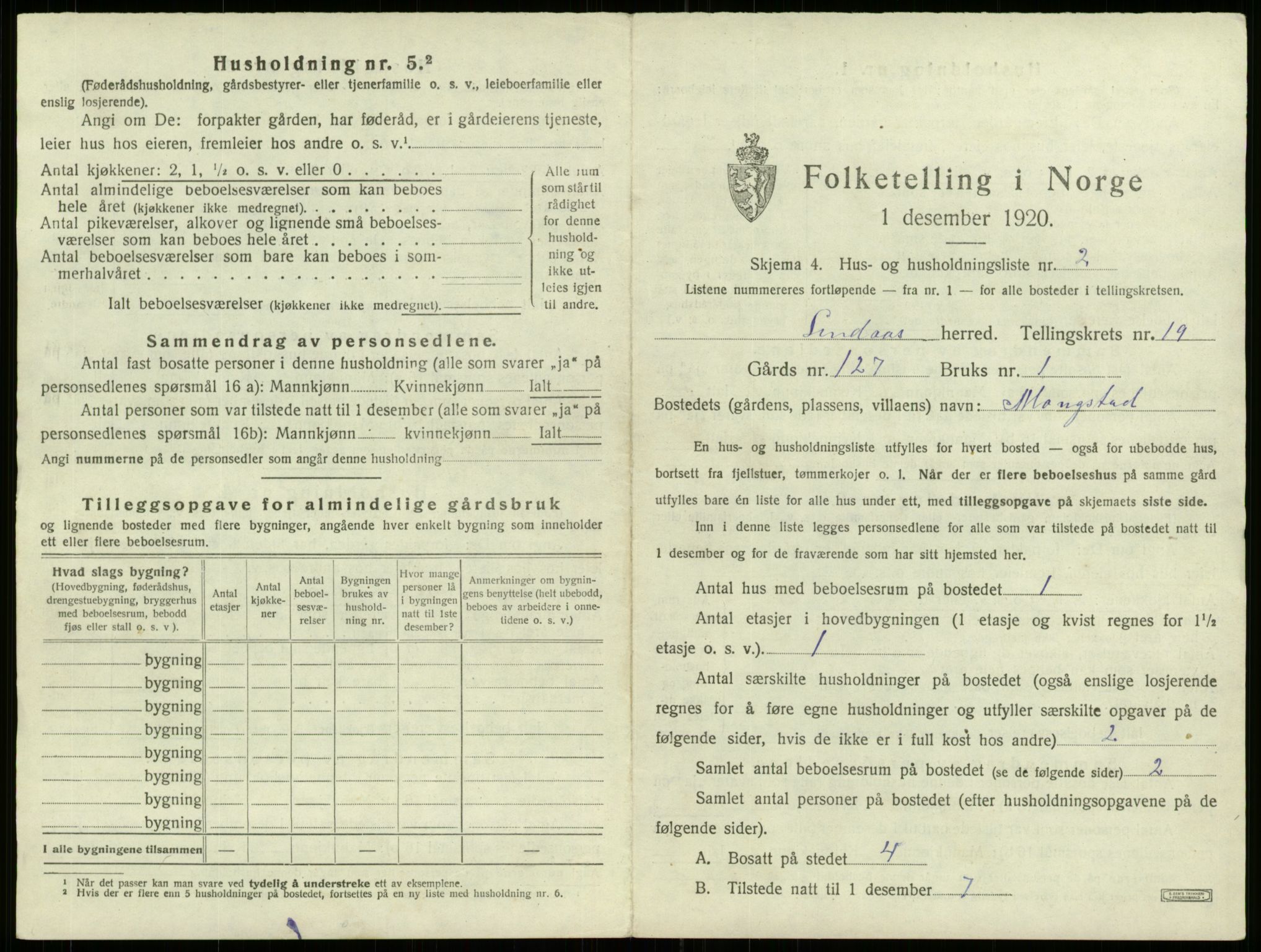 SAB, 1920 census for Lindås, 1920, p. 1347