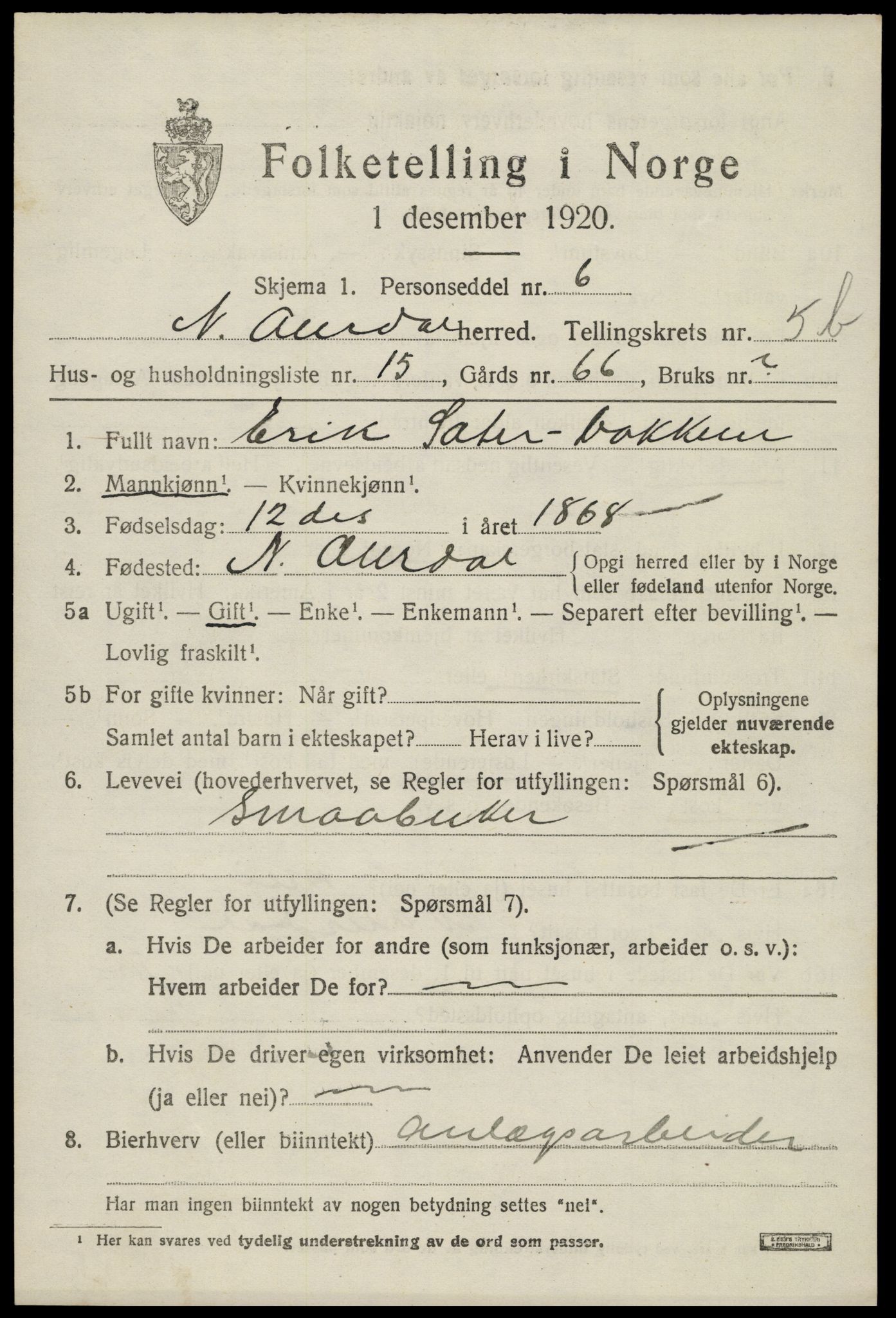 SAH, 1920 census for Nord-Aurdal, 1920, p. 5324