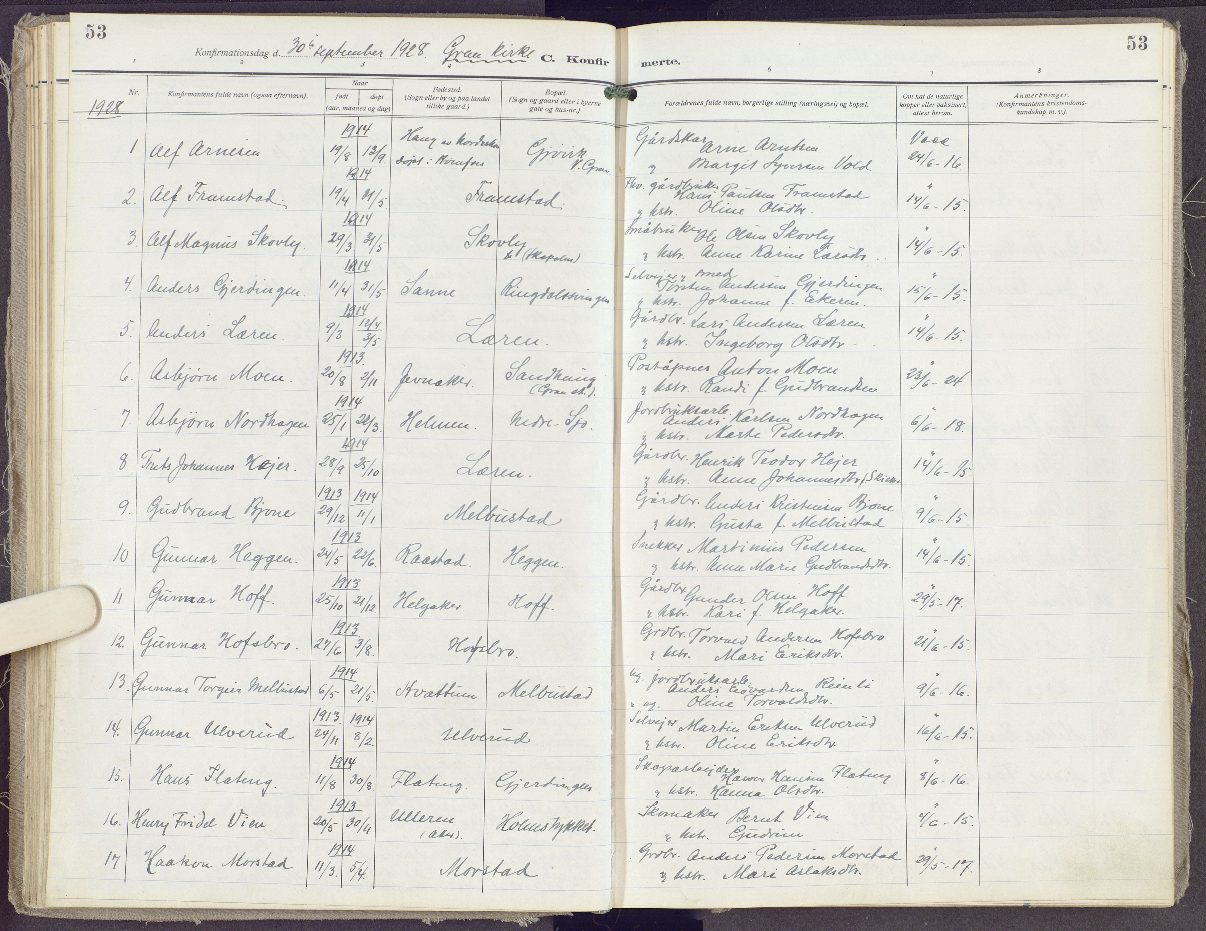Gran prestekontor, SAH/PREST-112/H/Ha/Haa/L0023: Parish register (official) no. 23, 1919-1938, p. 53