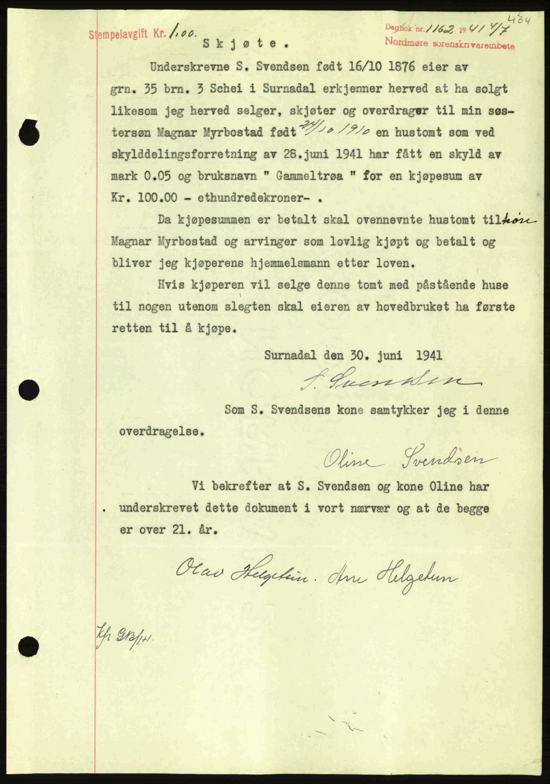 Nordmøre sorenskriveri, SAT/A-4132/1/2/2Ca: Mortgage book no. A90, 1941-1941, Diary no: : 1162/1941